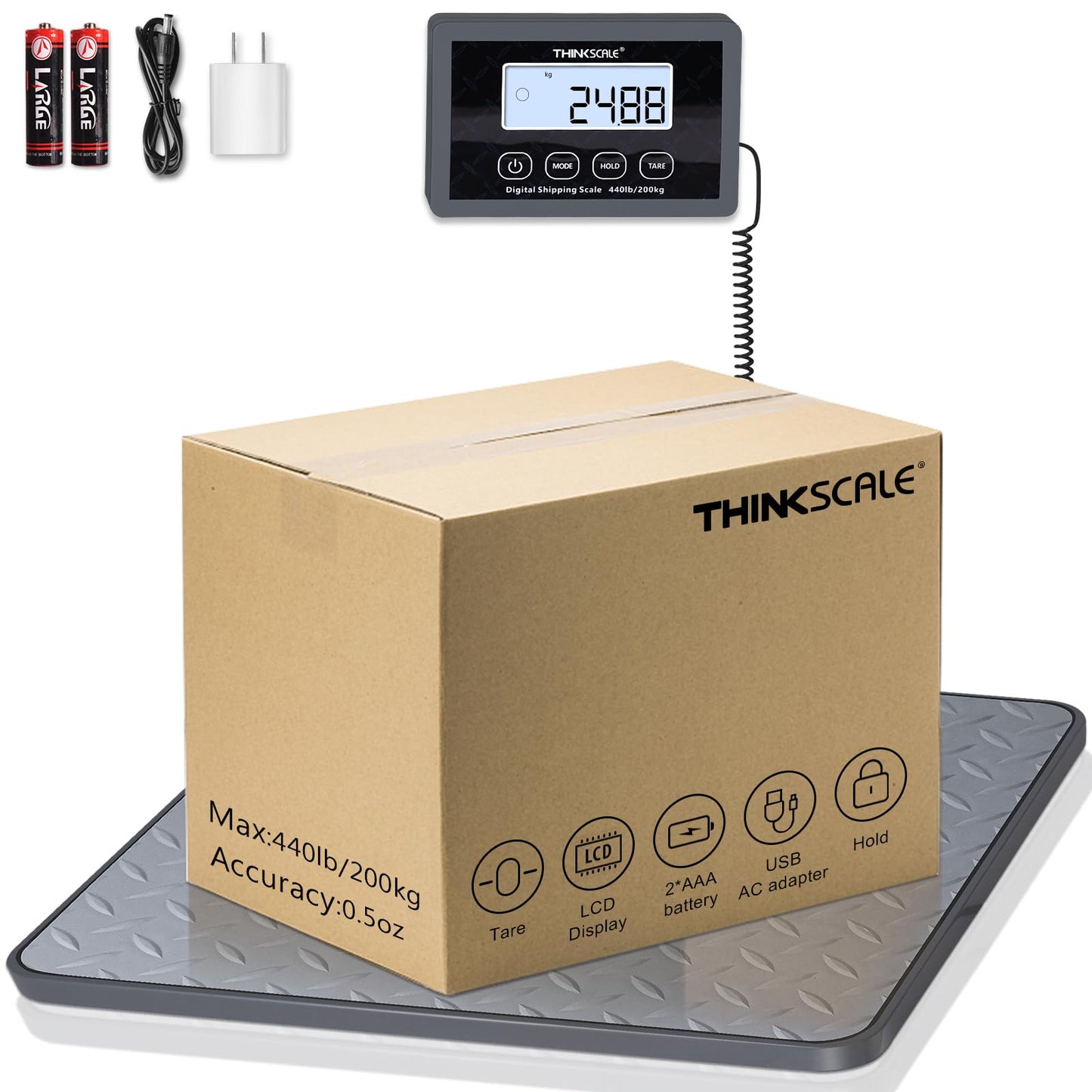 THINKSCALE 440 lbs/1 oz Highly Accurate Shipping Scale, Lightweight Postal Scale with Hold/Tare, Digital Postage Scale for Packages/Business/UPS USPS Post Office/Dog, Battery & AC Adapter Included