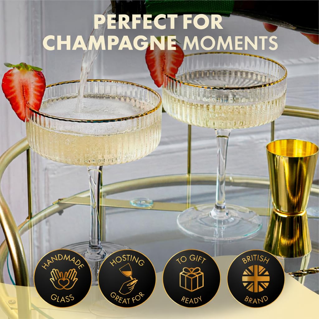 Vemacity Ribbed Espresso Martini Glasses Set of 4 with Gold Rims, Bar Spoon & Jigger | Coupe Cocktail Glass | Champagne Saucers | Ribbed Glassware | Coupe Glasses | Ideal for Martinis and Cocktails