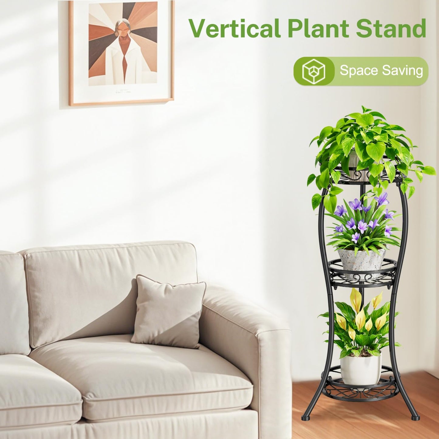 iDavosic.ly 3 Tier Tall Plant Stands Indoor Outdoor, Metal Corner Plant Stand Clearance, 34 Inch Single Flower Plant Pot Holder, Black
