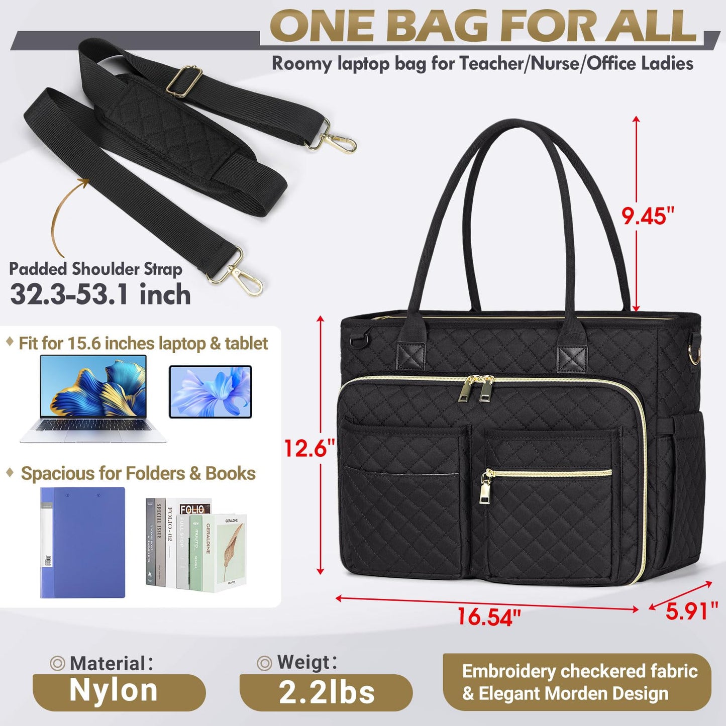 Teacher Tote Bag 15.6 inch Laptop Bag for Women Large Laptop Tote Work Bag Nurse Bag Professional Computer Messenger Bag with Insulated Pocket, Briefcase for Office, College, Nursing, Black