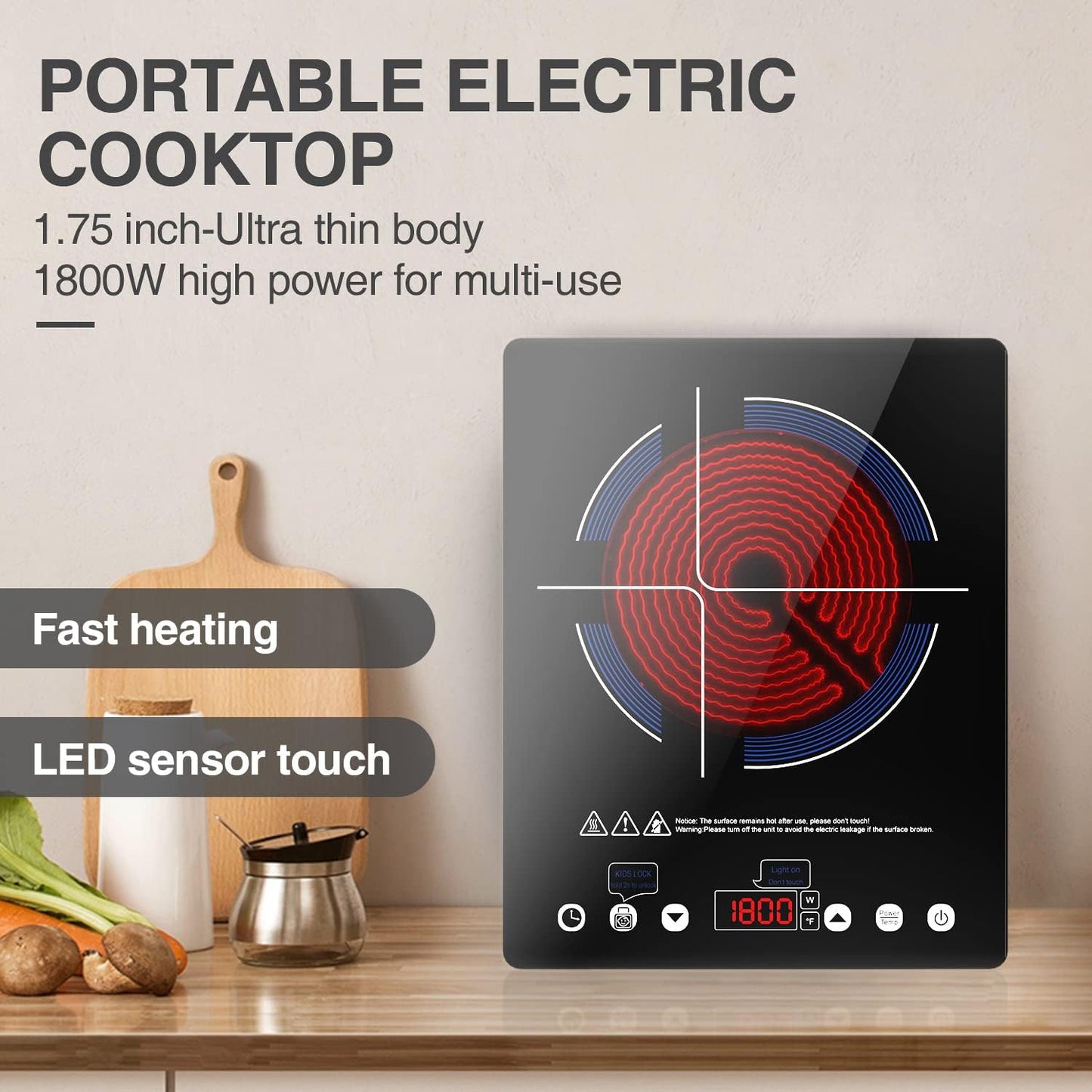 VBGK Electric Ceramic Cooktop, Electric Stove Top with Touch Control, 9 Power Levels, Kids Lock & Timer, Hot Surface Indicator, Overheat Protection,110V induction cooktop
