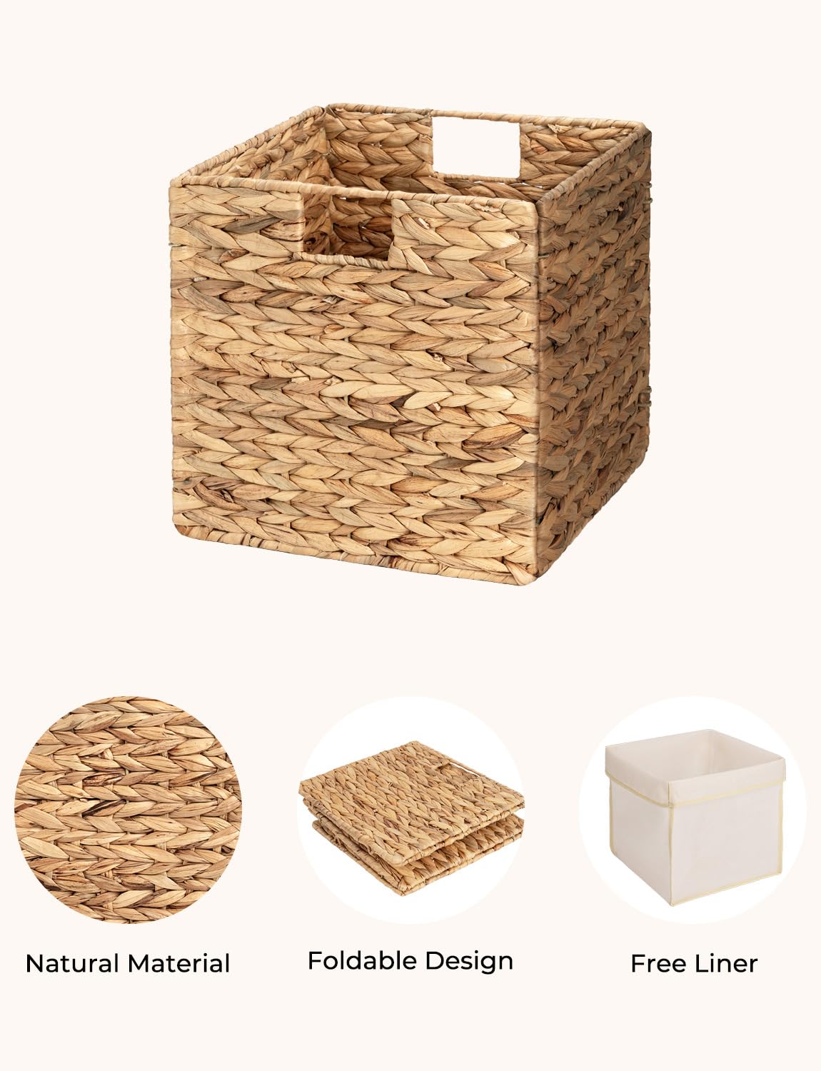 StorageWorks Wicker Storage Baskets, Basket Storage Organization for Pantry, Water Hyacinth Baskets with Lining for Shelves, Handwoven Rectangle Cube Bin, Panier Osier Rangement, Large, 2-Pack