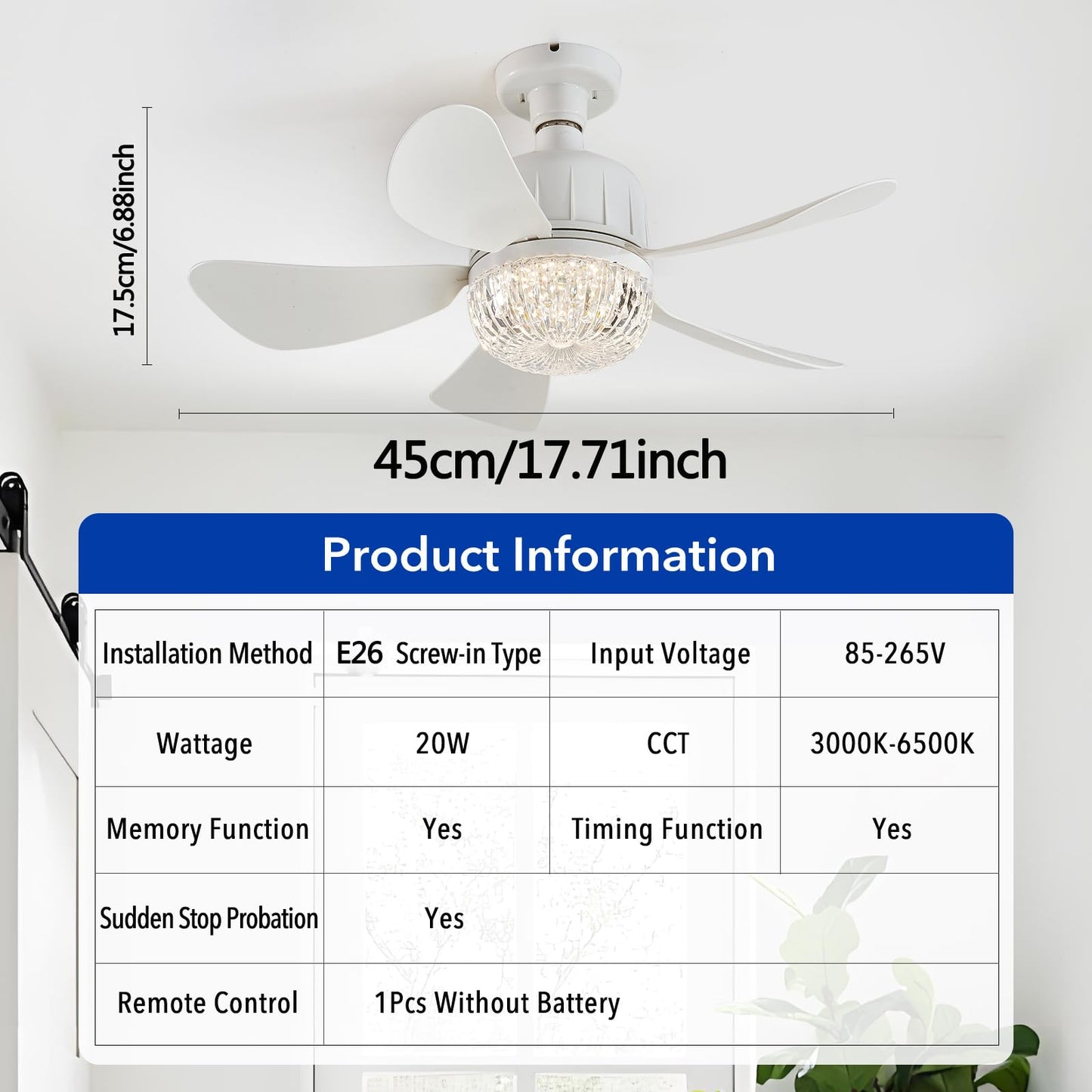 17.71 inch Socket Fan Light Ceiling Fan with Lights, Remote Control, LED Light Bulb E26 Base, Plug Screw in Ceiling Fan in Light Socket for Bedroom, Kitchen, Living Room, Balcony