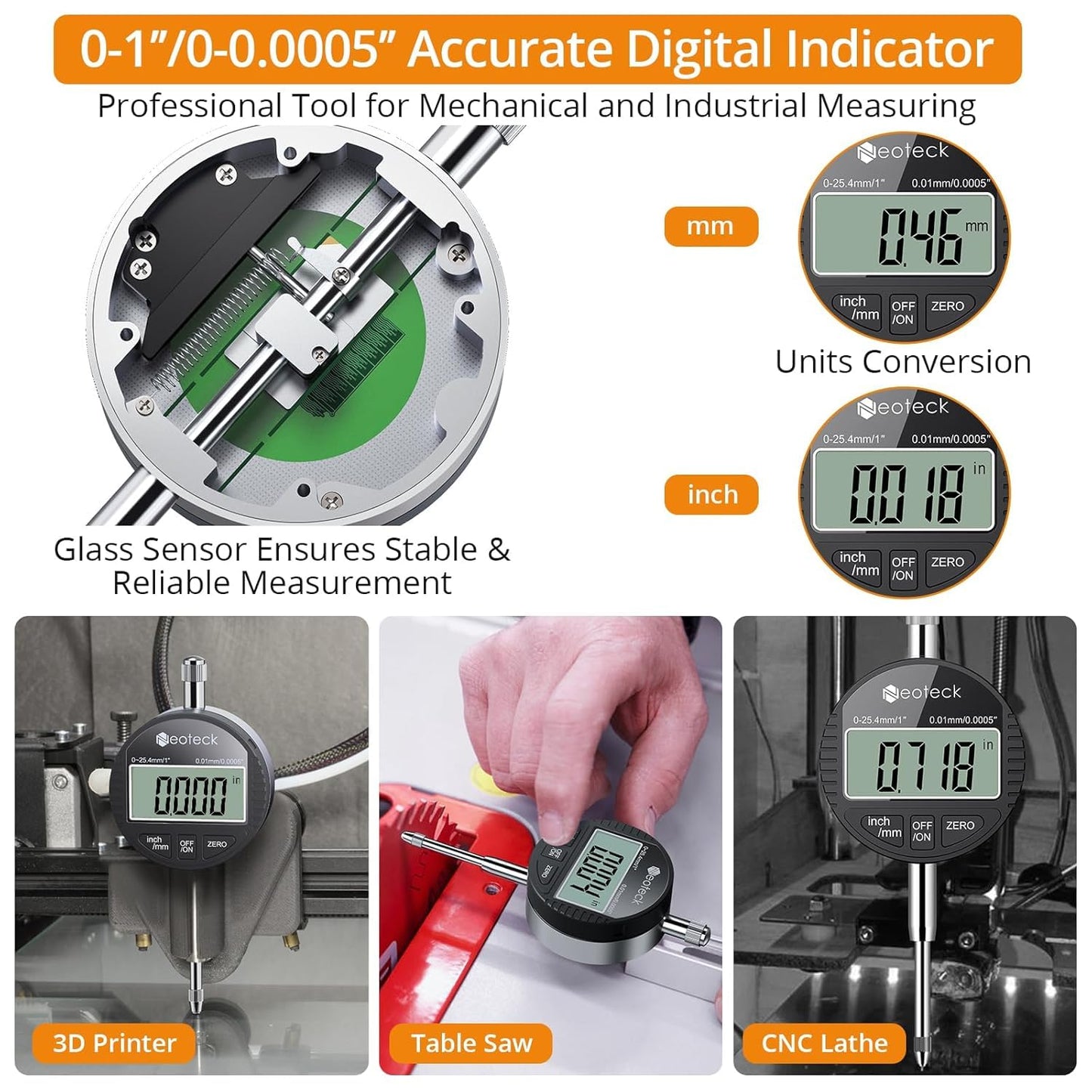 Neoteck Digital Dial Indicator Gauge and Magnetic Base Set, 0-1 inch/ 25.4mm, 0.01mm/ 0.0005" Inch/Metric Conversion Measuring Tool for 3D Printer and Lathe