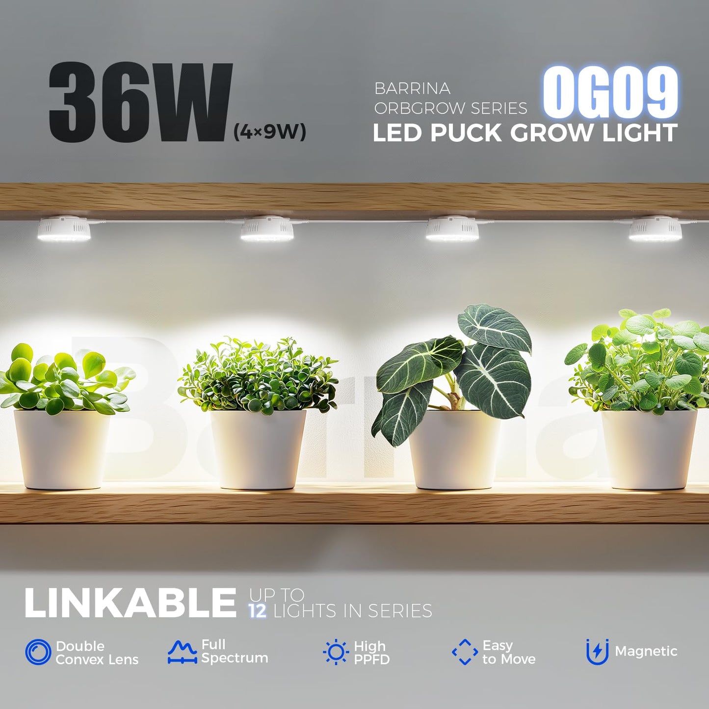 Barrina Orbgrow OG09 Puck Grow Light, 5000K 36W(4 x 9W, 540 Watt Equiv), Full Spectrum Plant Light for Indoor Plants, Magnetic & Linkable with Smart Timer, 5 Levels Dimmable for Plant Shelf, 4 Packs