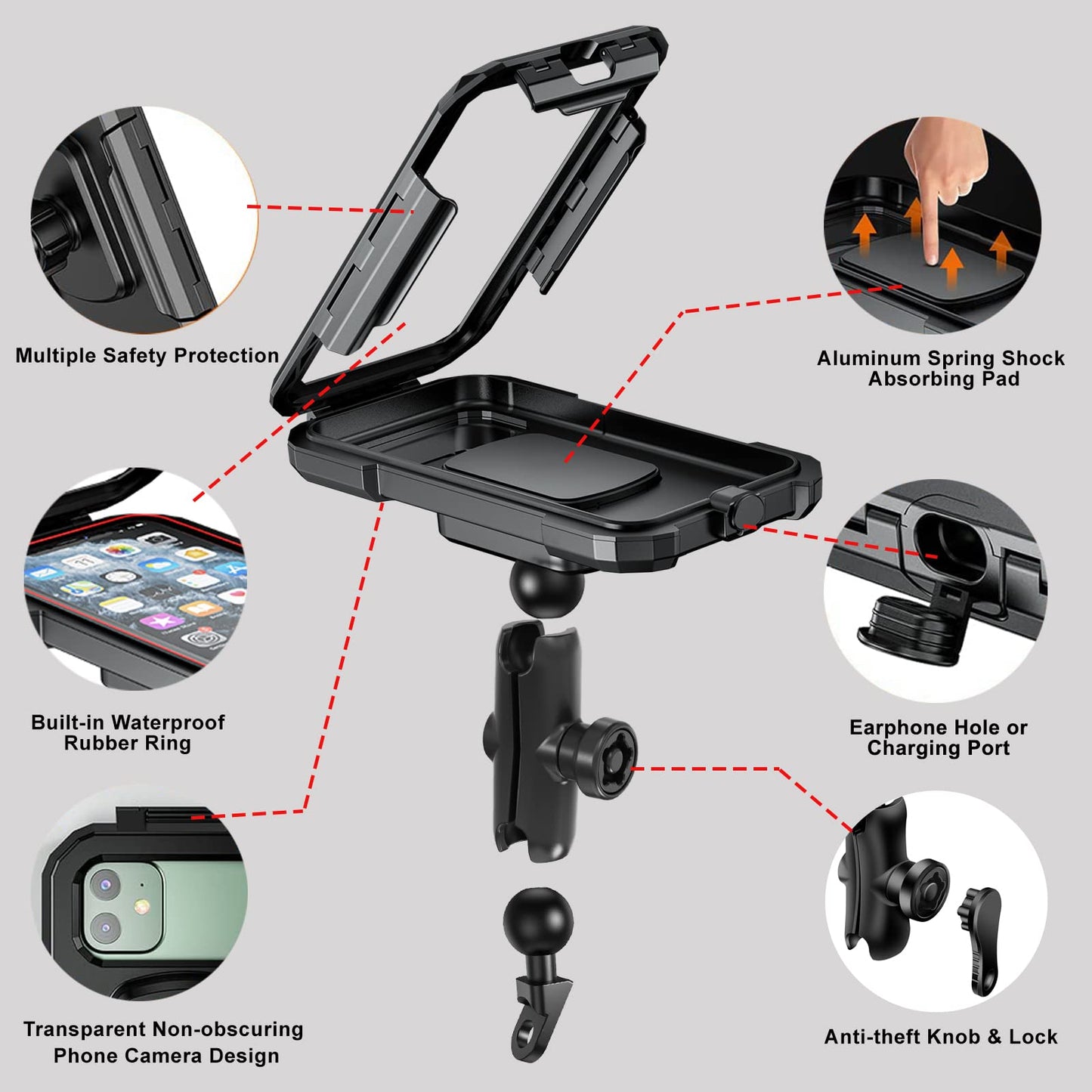 iMESTOU Waterproof Motorcycle Phone Mount Bike 1" Ball Cellphone Holder for Rear-View Mirror Installtion with Anti-Theft Double Socket Arm 720° Rotation for 5.5"-6.8" Smartphones (Size L)