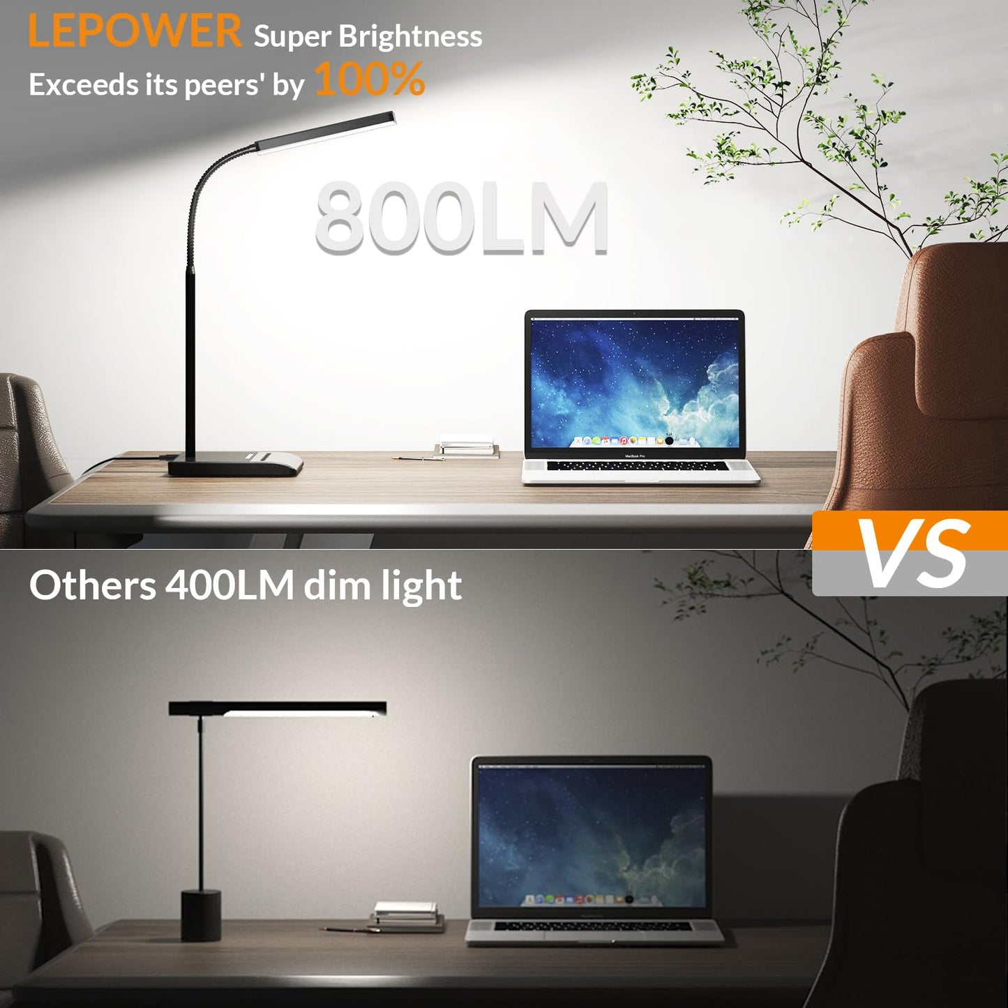 LEPOWER Upgrade LED Desk Lamp, 800LM Bright Table Lamps for Home Office, Eye-Caring Reading Lights for Desk, Touch Control Gooseneck Lamp, 50 Lighting Modes Reading Lamps for Bedroom Office(Black)