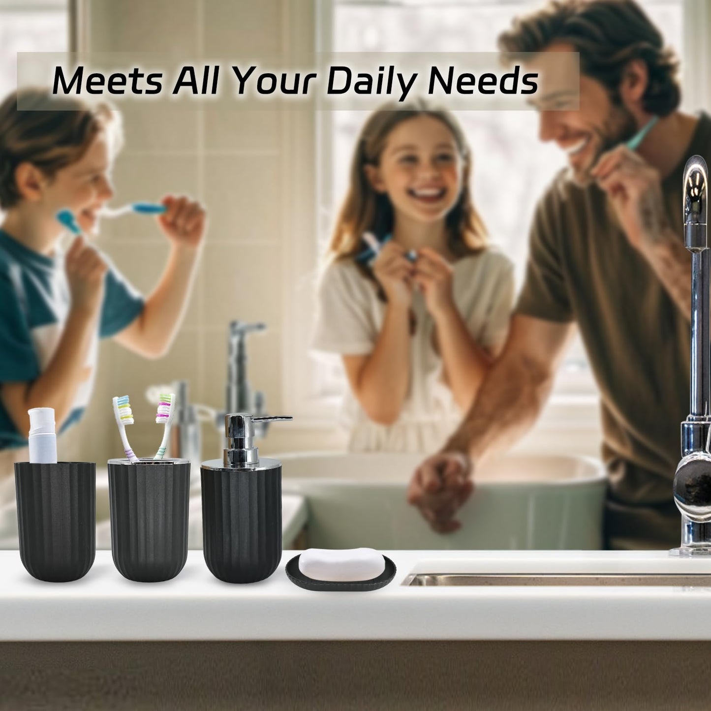 Black Bathroom Accessories Set, 9-Piece Bathroom Accessory Sets Complete with Trash Can,Shower Curtain, Vanity Tray, Soap Dispenser (Black)