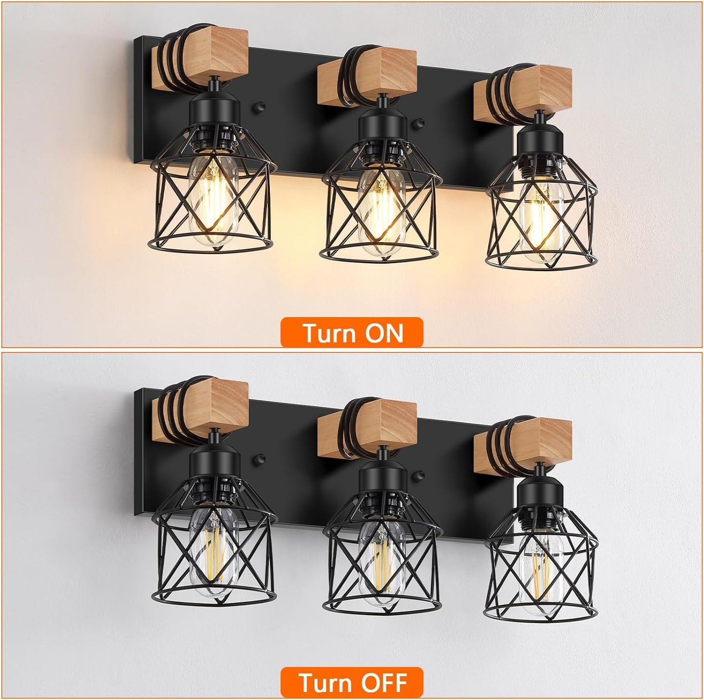 3-Light Wood Bathroom Vanity Light Fixtures Over Mirror,Wood Bathroom Vanity Lights for Bathroom, Industrial Black Vanity Light with Metal Lampshade for Bedroom Hallway Living Room