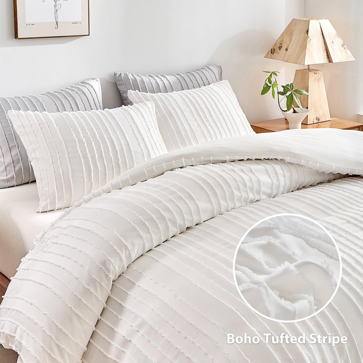 WARMDERN White Boho Duvet Cover Set King Size, Striped Textured Duvet Cover Tufted Bedding Set, 3 Pcs Ultra Soft Washed Microfiber Duvet Cover with Zipper Closure (King, White)