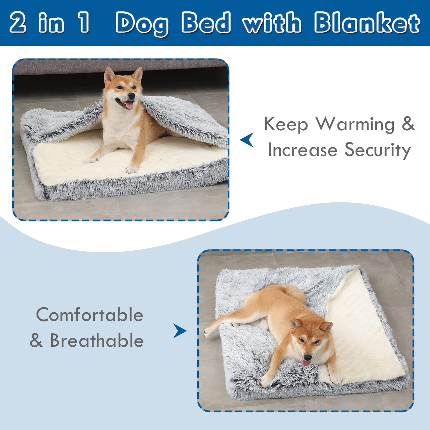 Dog Bed with Cover Cave, Orthopedic Dog Bed with Blanket, 33.5 * 27.6'' Rectangle Pet Crate Cozy Cuddler Mat, Anti-Anxiety Memory Foam Calming Pad for Puppy Cat with Removable Washable Cover