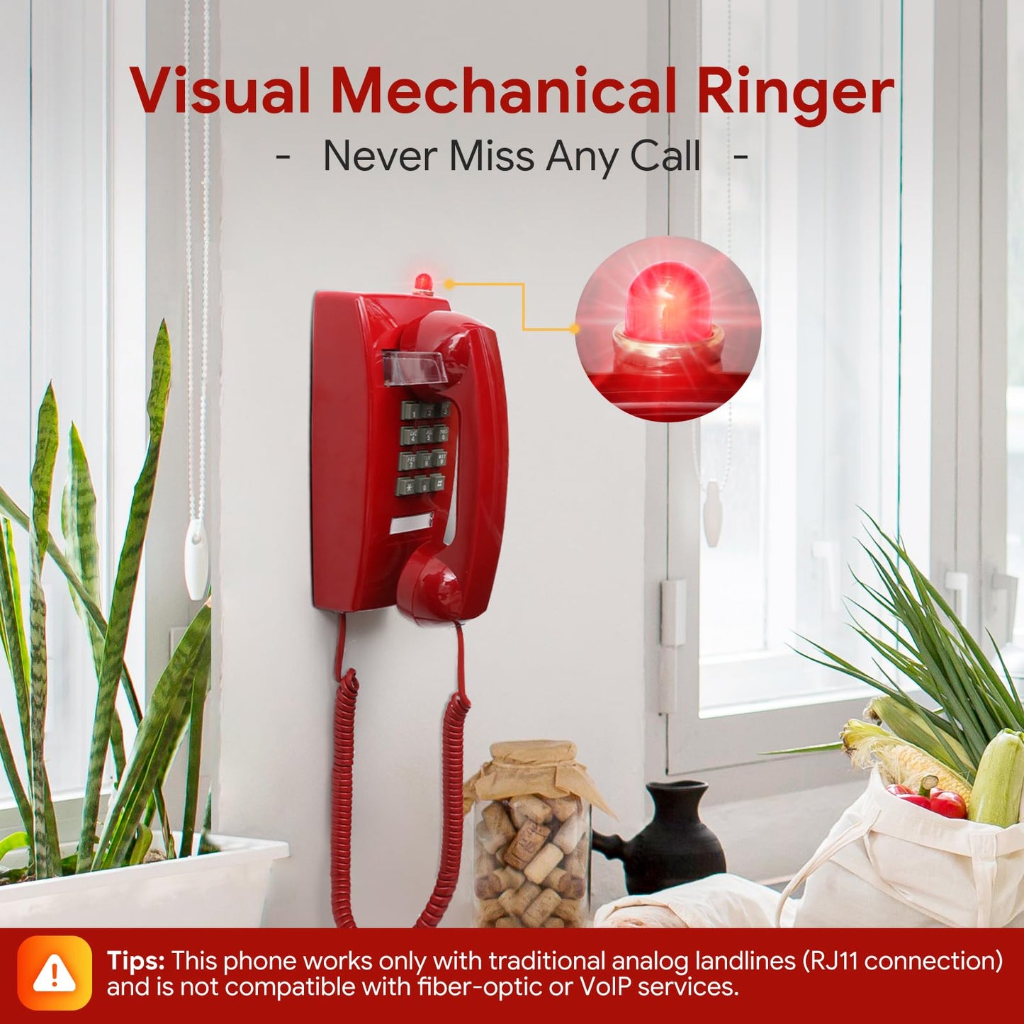 Retro Wall Phones for Landline with Mechanical Ringing Classic Corded Wall Mounted Telephone with Indicator Waterproof Old Style Phone for Home Hotel and Office