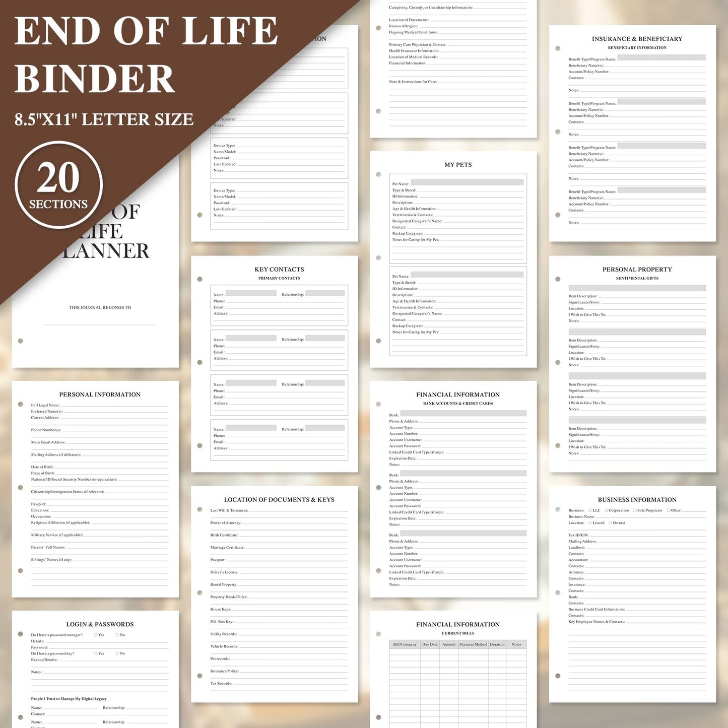 Lanpn End of Life Binder - 8.5x11, Final Wishes & Estate Document Folder with 8 Dividers & 10 Letter Size Binder Pockets, Death Planner Organizer, Before Death Life Plan When I Die Journal Book