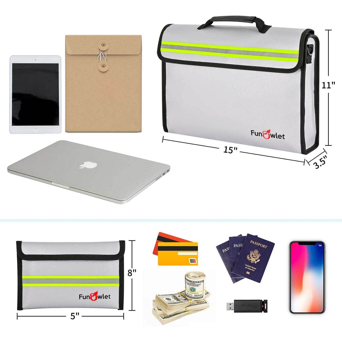 Fireproof Waterproof Money Document Bag - Large Fireproof Safe Box with Wallet Protector, Fire & Water Resistant Storage Organizer Pouch for A4 Documents Holder,File,Jewelry,Passport,Laptop (Gray)