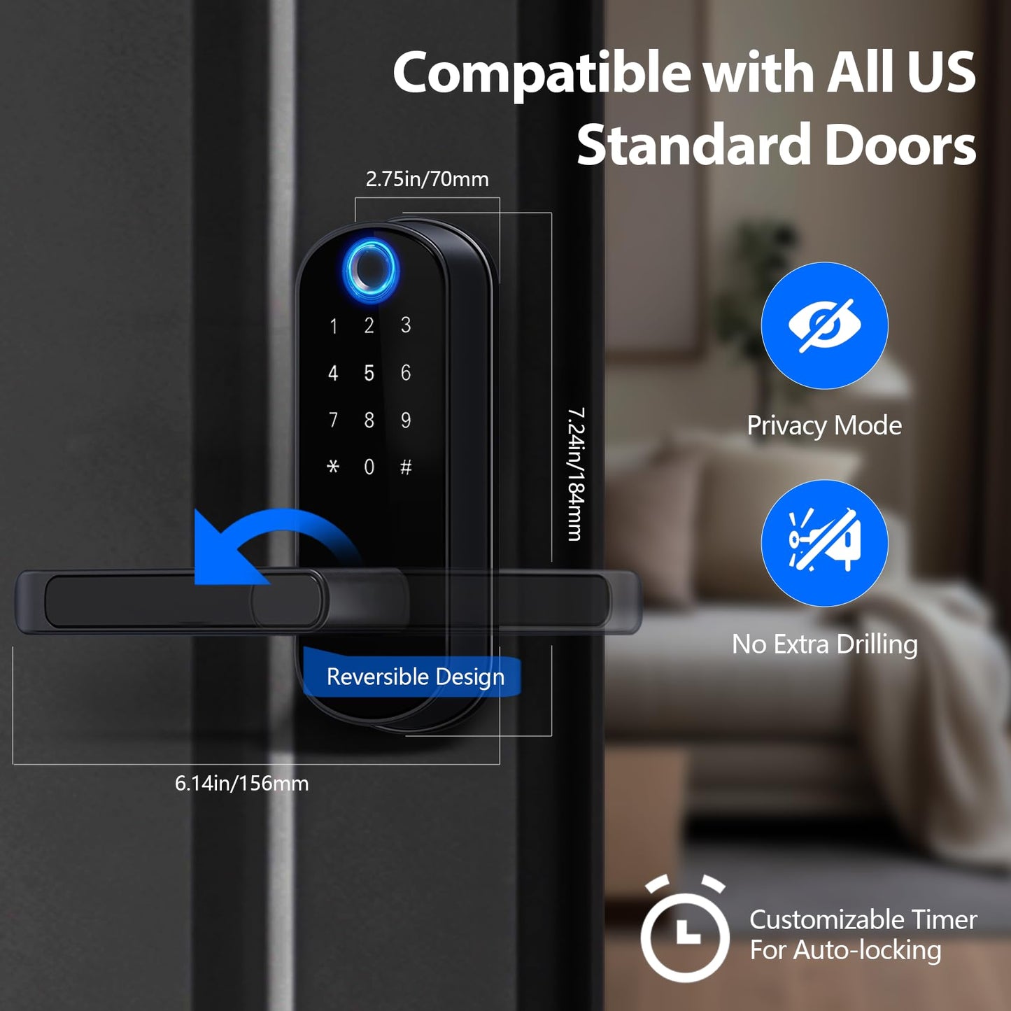 Keyless-Entry Fingerprint Smart Door Lock: Sifely Digital Electronic Lock with Code Passcode, Electric Door Knob, Biometric Handle, Perfect for Entry Doors, Bedroom Doors (Black Smart Lock)