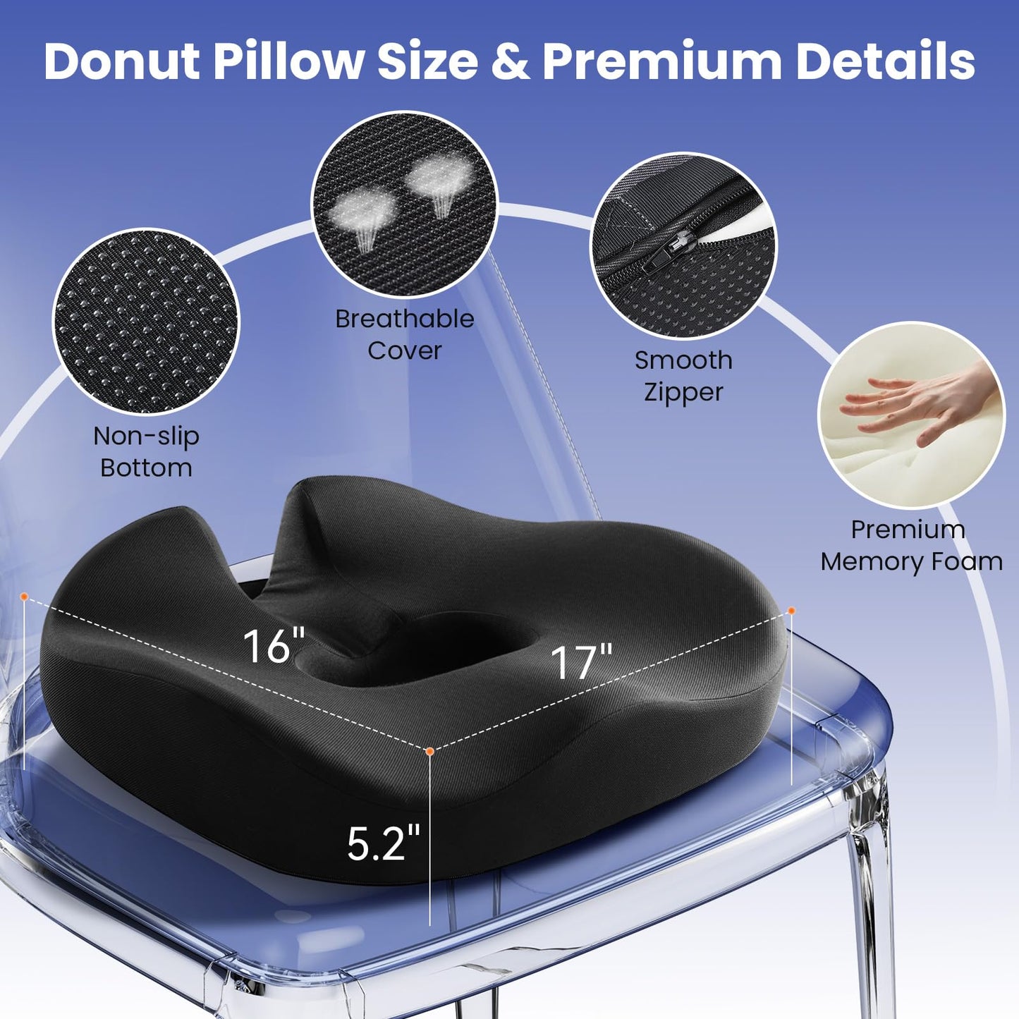 Donut Pillow Seat Cushion Memory Foam Office Chair Cushion for Long Sitting Back Wheelchair Cushion Chair Cushion for Car, Home, Pressure Relief Pad for Hip, Tailbone, Black