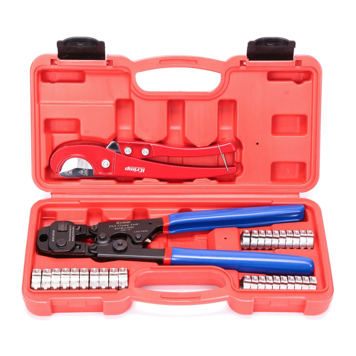 iCrimp Ratchet PEX Cinch Tool with Removing Function for 3/8-in, 1/2-in, 3/4-in, 1-in PEX Stainless Steel Clamp, with 20PCS 1/2-inch and 10PCS 3/4-inch PEX Clamps and Pipe Cutter- All in One