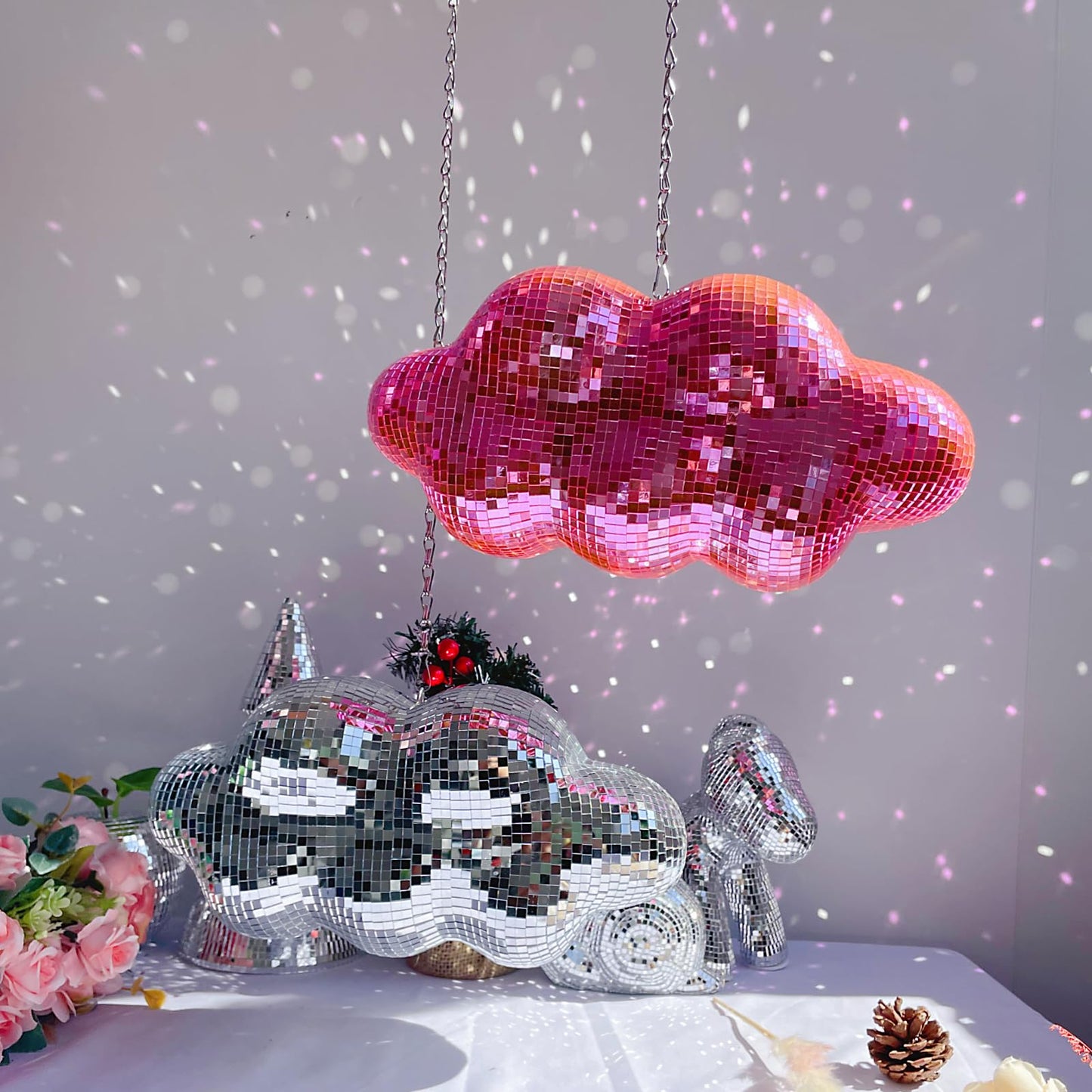 MFGDISCO Pink Disco Ball Cloud Shaped, Hanging Disco Decor for Party,Room,Home, Retro Reflective Mirror Ball with Chain, Disco Ornaments, Design Patent