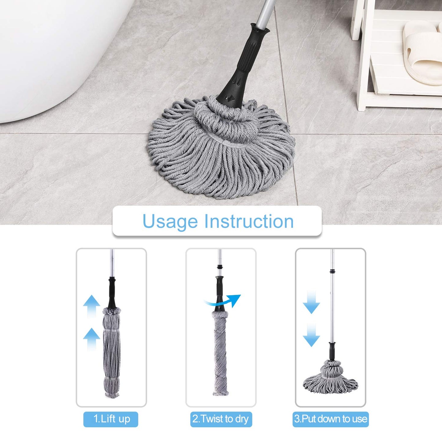 Eyliden Microfiber Twist Mop - Hand Release Washing Mop for Floor Cleaning - Dry&Wet Mops with Wringer, 2 Removable Washable Heads, 57.5inch Long Handle, Scouring Pad (Grey)