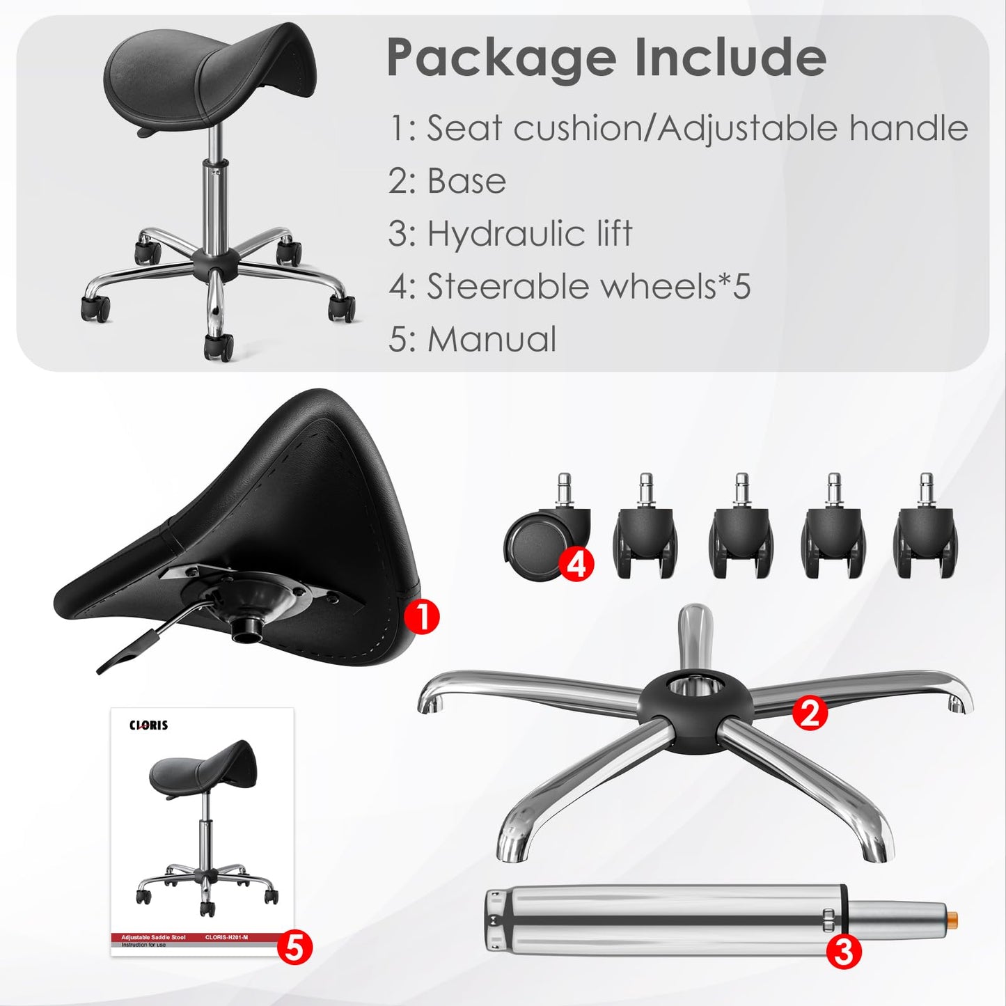 CLORIS Saddle Rolling Stool Hold up to 350 LBS Height Adjustable Swivel Chair Metal Feet with Wheels for Spa, Massage, Salon, Home, Office, Medical, Tatoo, Bar Black