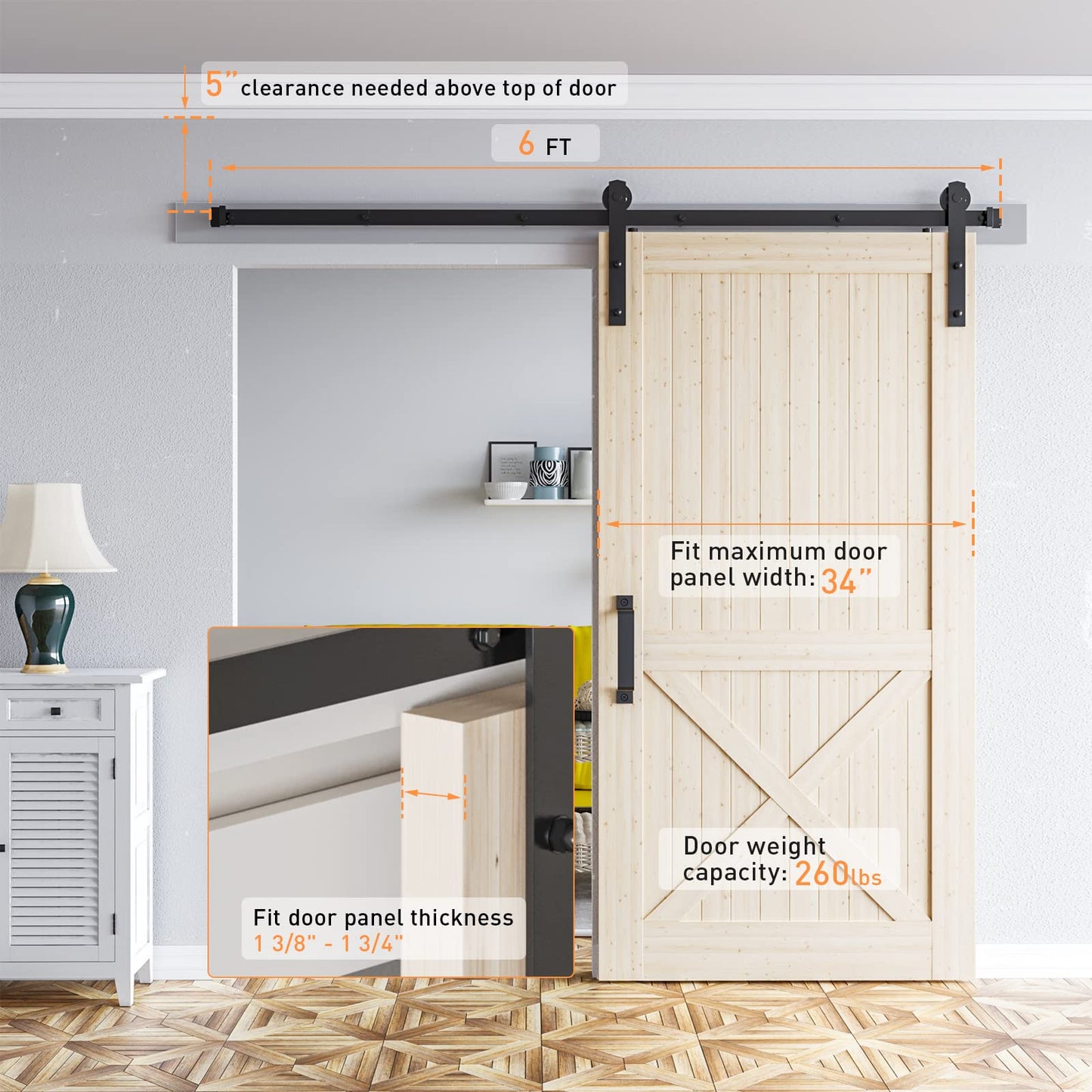 Signstek 6FT Sliding Barn Door Hardware Kit Heavy Duty with Door Hook and 2 Handles - Easy to Install -Smoothly and Quietly - Fit 1 3/8-1 3/4" Thickness -Black (I Shape Hanger)