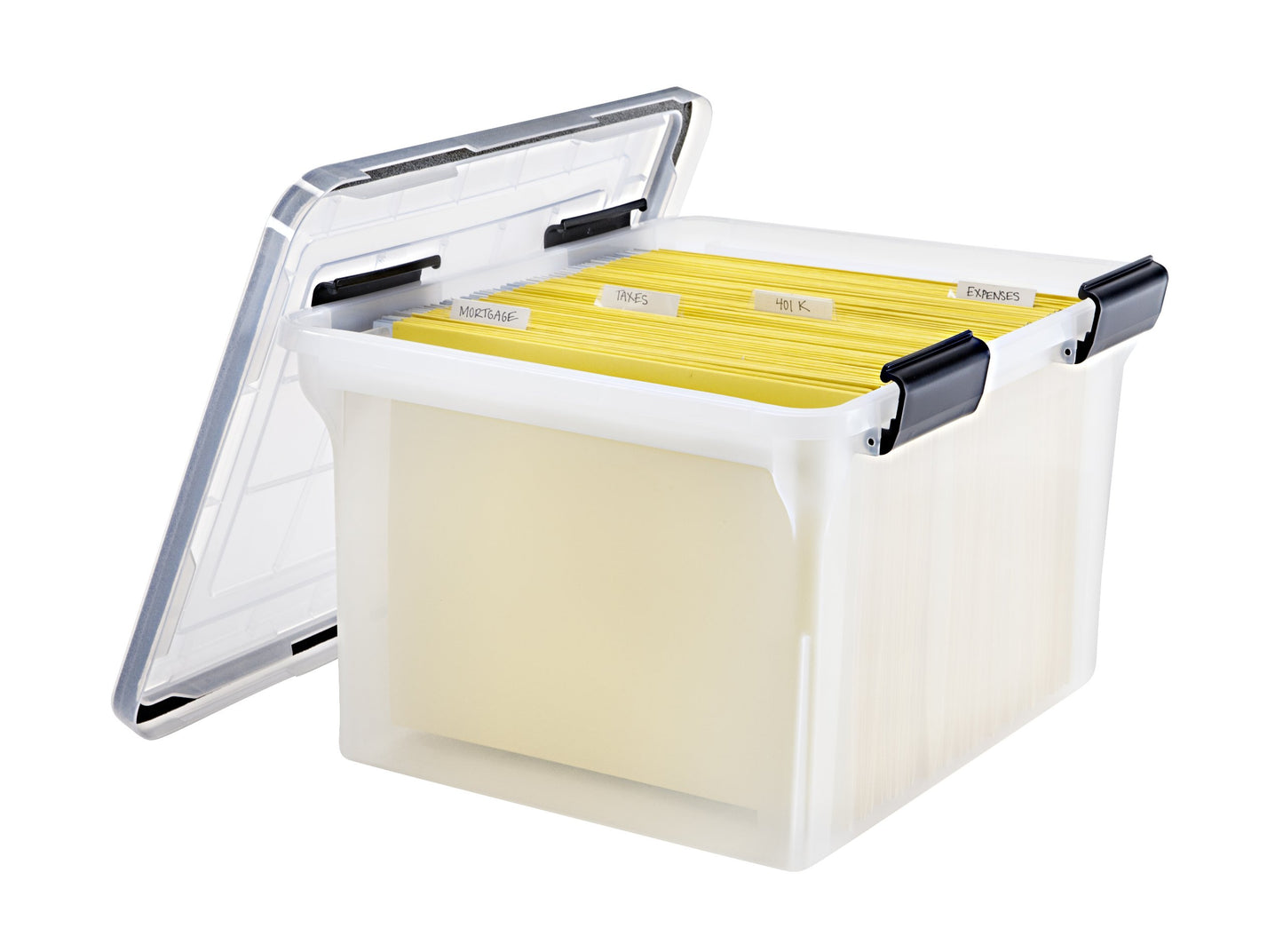 IRIS USA File Box WeatherPro File Organizer Plastic File Box for Letter/Legal File, Durable Lid and Seal w/ Secure Latching Buckles, Stackable, Nestable, Clear 30 L (32 US Qt) 1 Pack