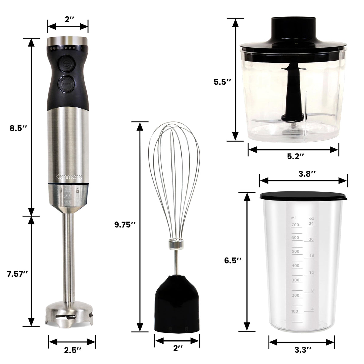 Kenmore Immersion Hand Blender Mixer Variable Speed Handheld Blending Stick Smoothie Food Chopper Whisk 700mL Beaker Lid Baby Food Red Sauces Puree Soup Quad Blade Kitchen Black Silver