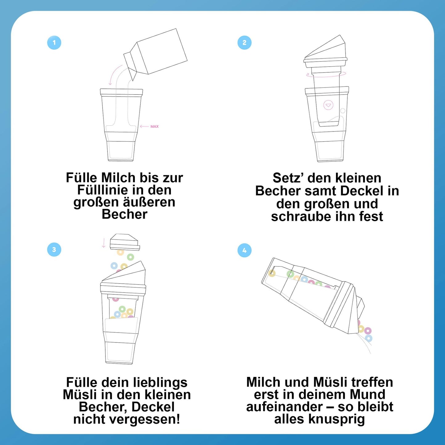 The CRUNCHCUP XL Blue - Portable Plastic Cereal Cups for Breakfast On the Go, to Go Cereal and Milk Container for Your Favorite Breakfast Cereals, No Spoon or Bowl Required