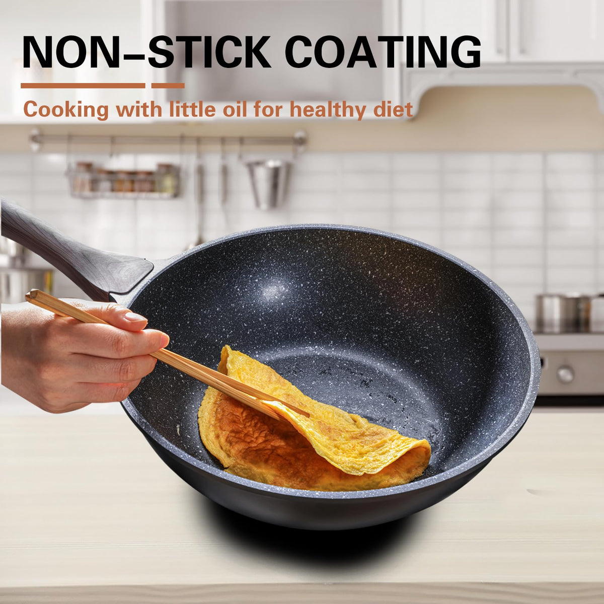 Kordisen Wok 30 cm, Induction Wok with Lid, Non-stick Stone Coating, Suitable for All Frying Pans, PFOA Free