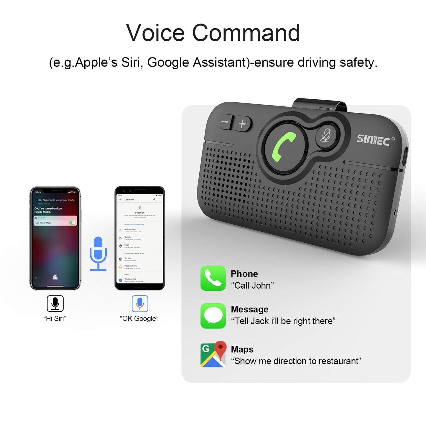SUNITEC Handsfree Bluetooth for Cell Phone, Bluetooth Car Speaker AUTO ON Off 3W Speakerphone Support Siri Voice Assistant Wireless in-Car Hands Free Speaker with Visor Clip - BC980P