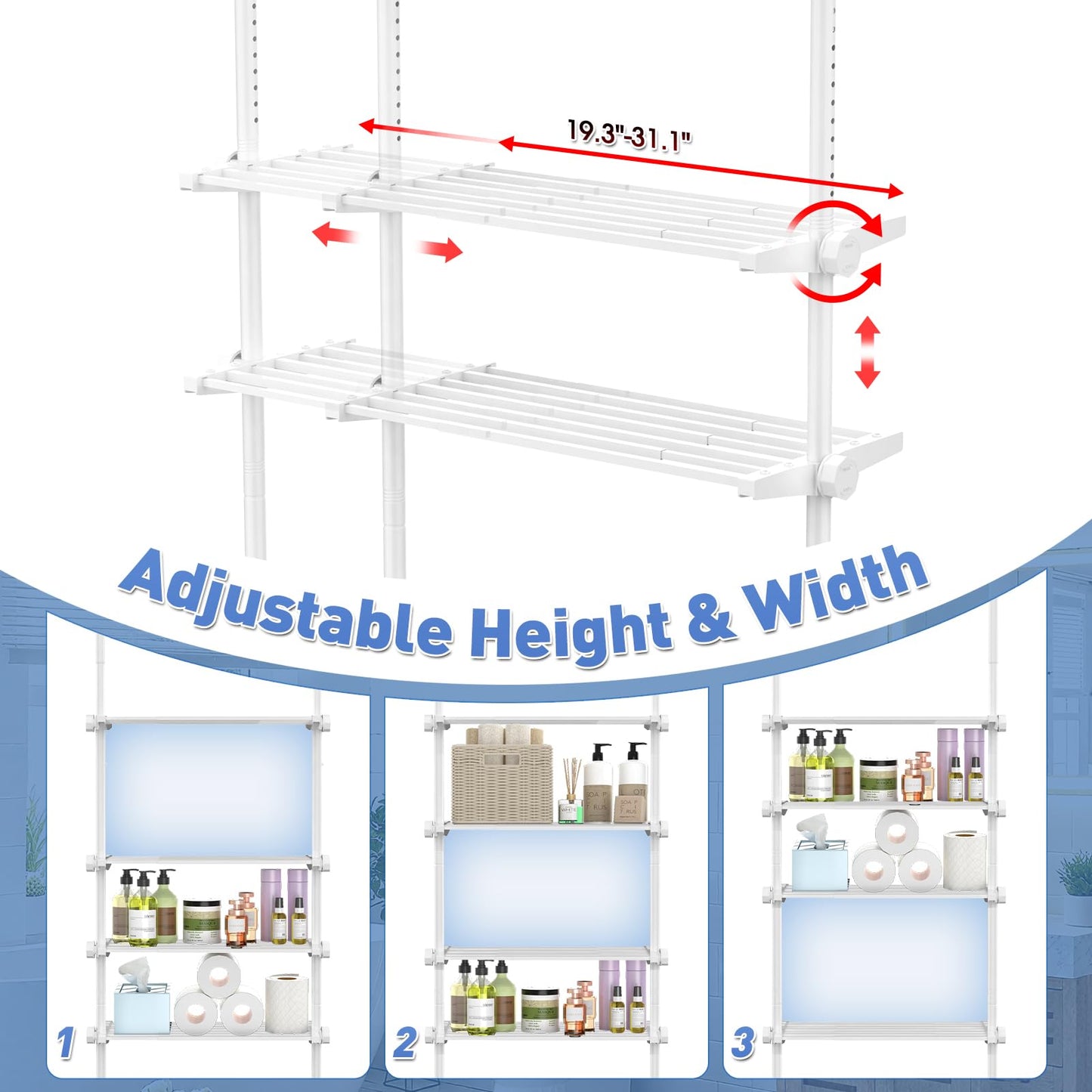 SUNALLY Over The Toilet Storage Shelf, 4-Tier Adjustable Over Toilet Bathroom Organizer,Tension-Mounted Bathroom Storage Rack for Ceilings, No Drill Space-Saving Shelving for Small Rooms, White