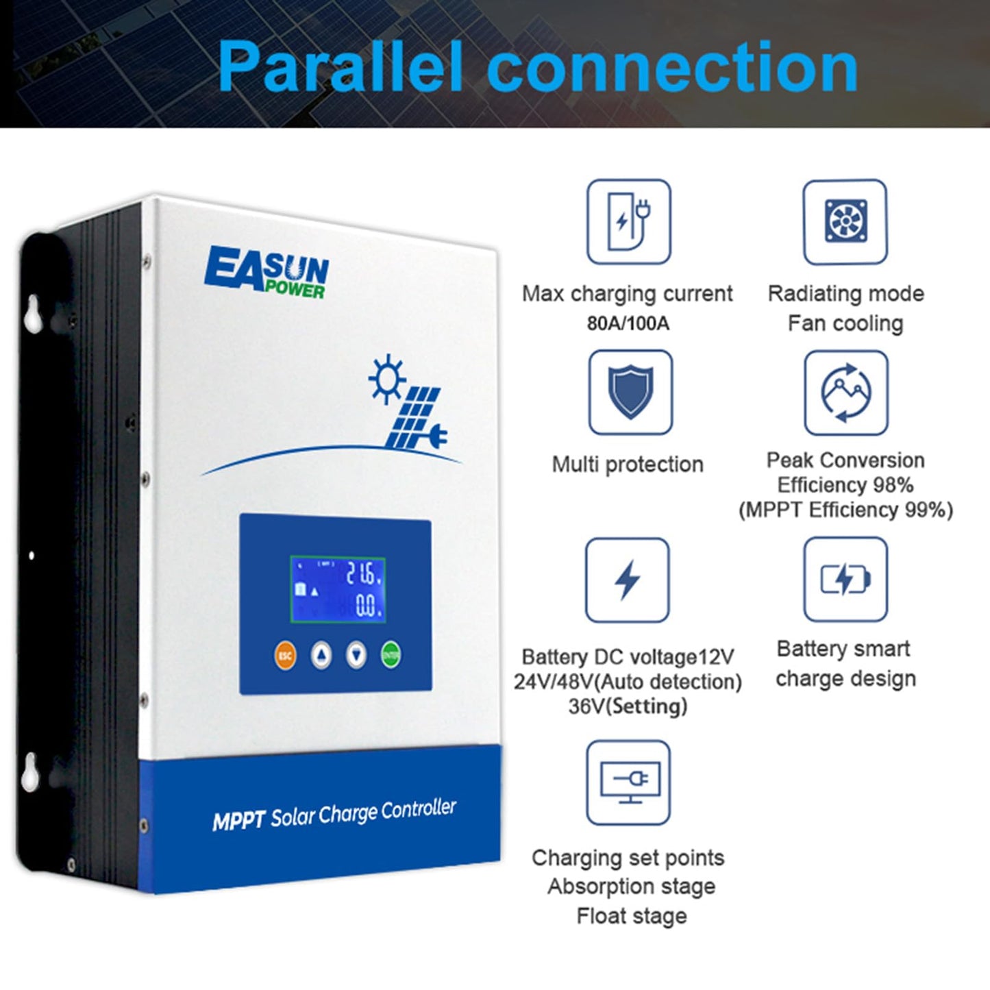 100A MPPT Solar Charge Controller 48V 36V 24V 12V Auto Max Input 150V LCD Display Regulator Intelligent Regulator Charge Controller