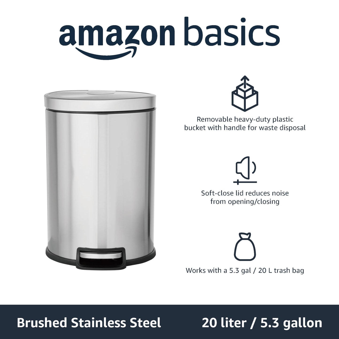 Amazon Basics Round Soft-Close Trash Can - 20L, C-10079S-20L, Brushed Stainless Steel