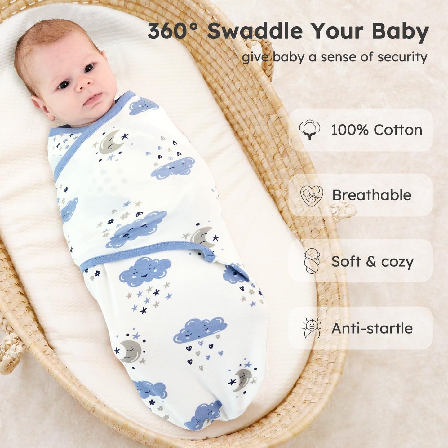 Yoofoss Baby Swaddles 0-3 Months 100% Organic Cotton Newborn Swaddle Blanket 3 Pack Tog 0.5 Adjustable Swaddle, Breathable Soft Swaddle Sack (Small)