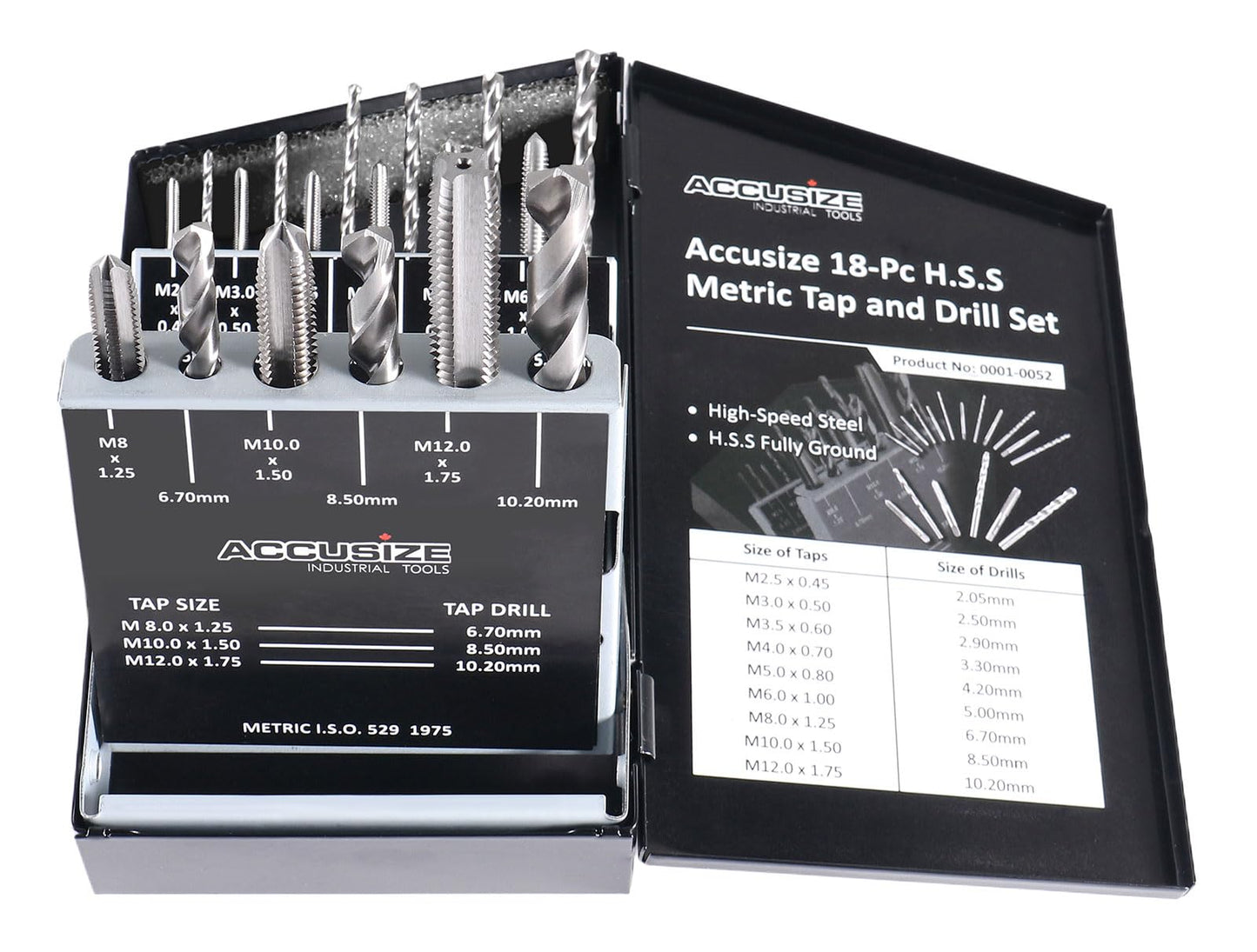 Accusize Industrial Tools 18 Pc H.S.S. Tap and Drill Set, Metric, 0001-0052