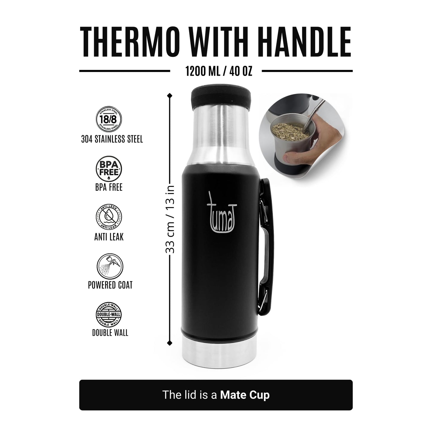 Complete Yerba Mate Kit – 1.2L Vacuum Insulated Bottle with Mate System, Cup, Clip Spout, Straw (Bombilla) + Free Backpack – Premium Stainless Steel Set to Go