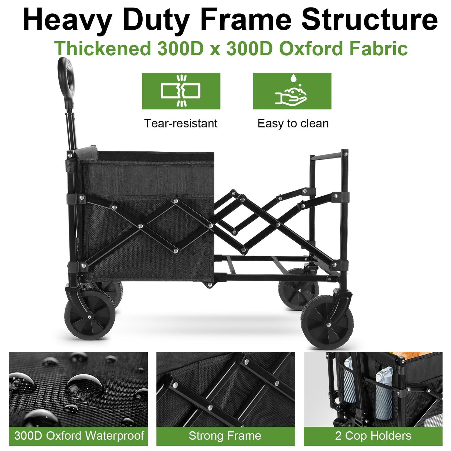 cjc 220LBS Folding Wagon Cart, Heavy-Duty Wagon Carts Foldable with 360° All Terrain Wheels, Large Capacity Outdoor Utility Collapsible Wagon for Camping Grocery Beach Garden 27.5" x 16.9" x 35.4"