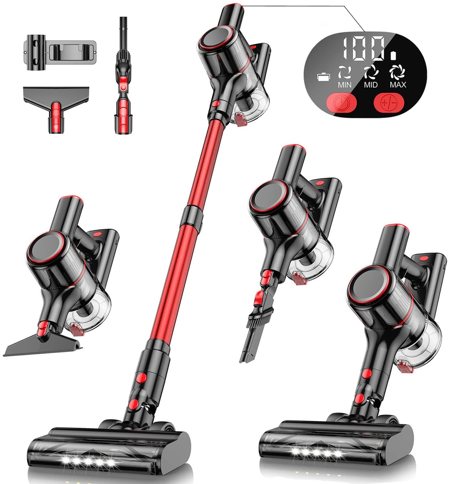 Cordless Vacuum Cleaner, 40KPA Powerful Stick Vacuum 8 in 1 Lightweight Vacuum Cleaners for Home, LED Display, 3 Suction Modes, 45Mins Detachable Battery Vacuum for Hard Floor Carpet Pet Hair (Red)