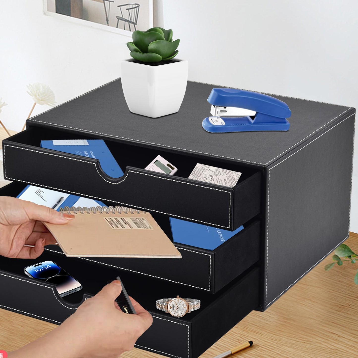 Faux Leather Desk Organizer with3 Drawers Executive Office Supplies Desktop Filing A4 File Cabinet/Holder,Stackable Storage Box for Jewelry/Bill/Paper/Documents/Makeup Home Decor Accessories(Black)
