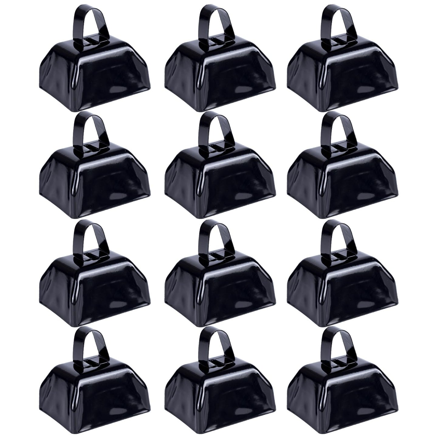Cow Bells Noise Makers Black Cheering Bell for Sporting Events: 12 Pcs Metal Cowbells with Handle - Small Loud Bell Bulk Hand Percussion for Football Games Graduation Weddings