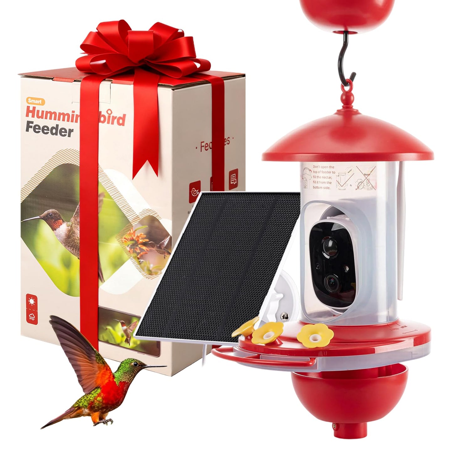 Ceyodo Hummingbird Feeder with Camera 1080P HD with AI Identify, Smart Auto Capture Video & Motion Detection with Solar Pannel, Cloud and 32GB SD Card, Ideal for Hummingbird Lover