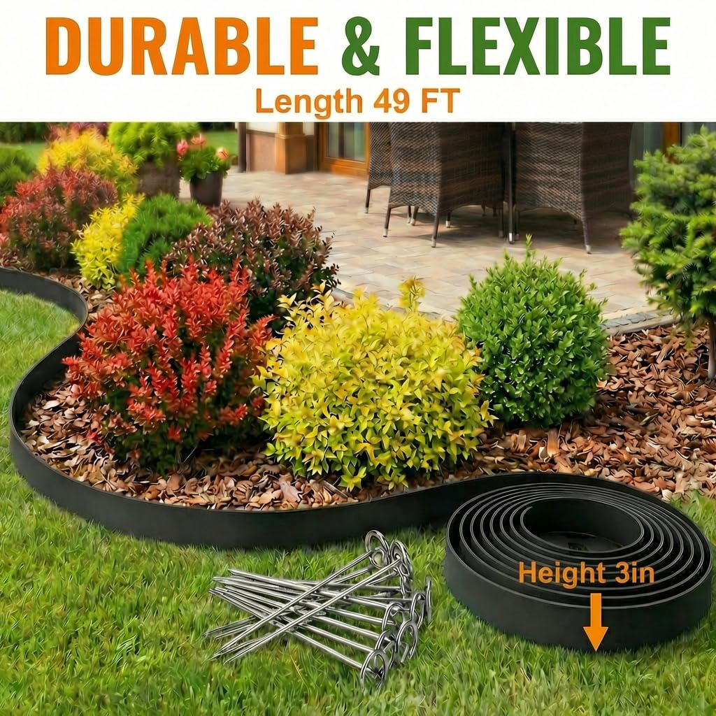 ESRYHWA Garden Edging 49FT Landscape Edging Kit 3 Inch Height Plastic Garden Border No Dig Lawn Border for Yard Flower Bed with 50 Stakes