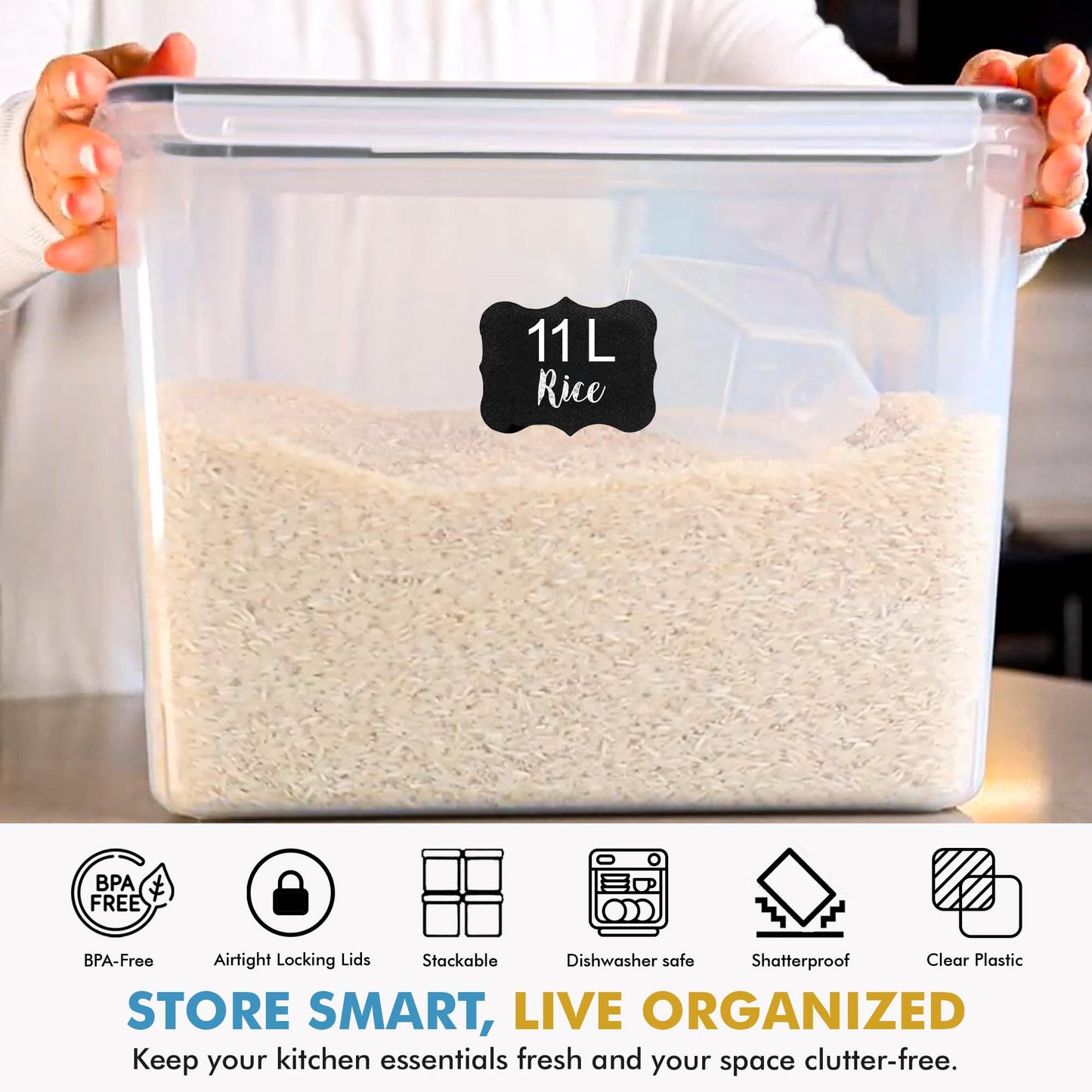 Shazo 2 PC (11L | 372 oz) Flour Sugar Storage Containers with Easy Carry Handle - Plastic Extra Large Food Storage Containers with Lids, BPA Free Airtight Kitchen Canister Set for Rice, Cereal & Pasta
