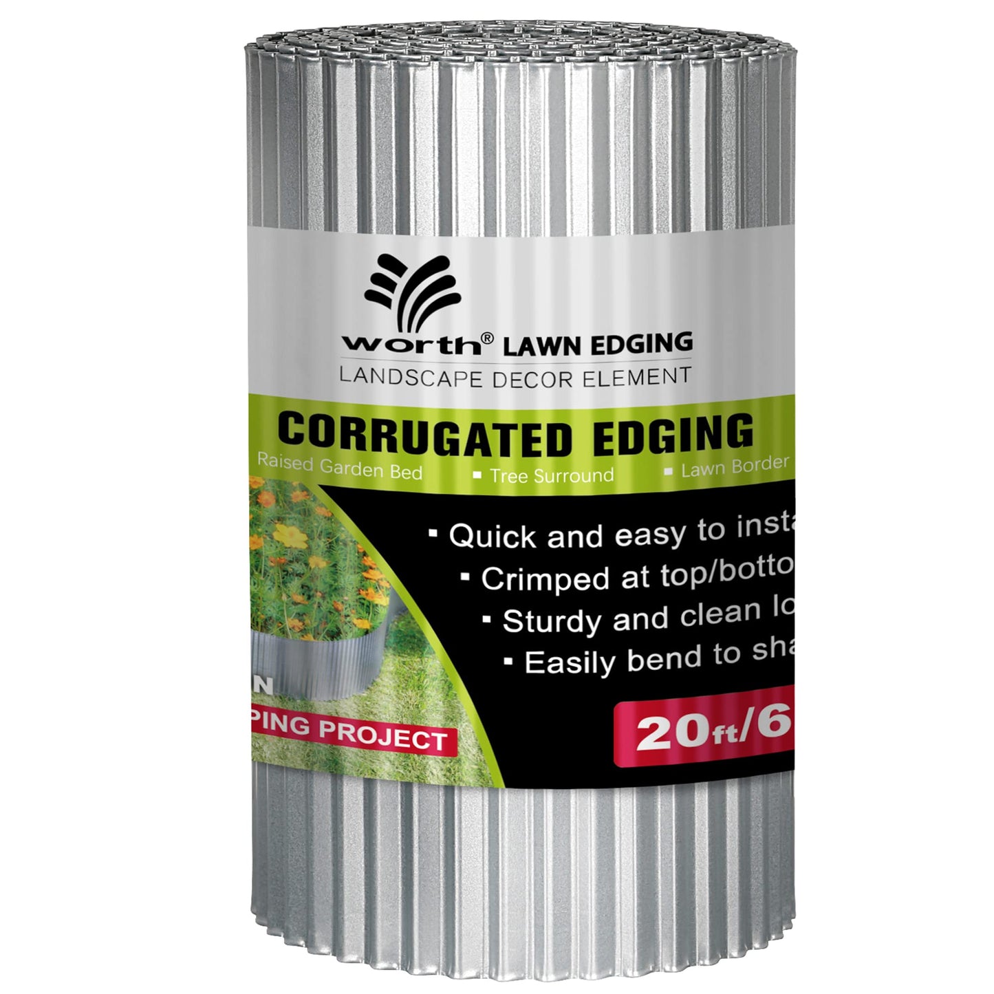 Worth Narrow-Corrugated Landscape Edging, 10" x 20Ft Galvanized Steel Sturdy Flexible Garden Edging Lawn Border for Raised Flower Bed Tree Fence Surrounds, Silver