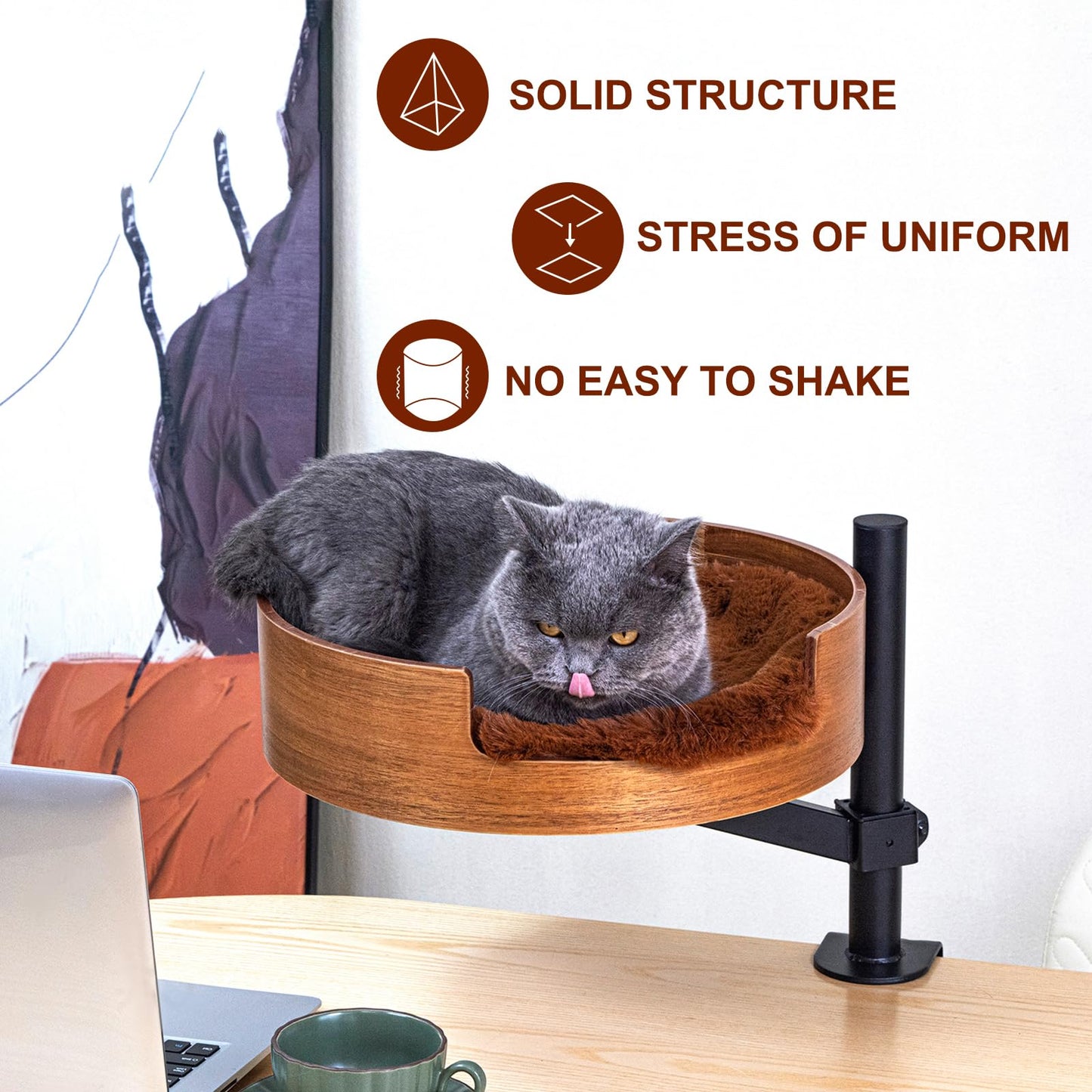 Cat Bed Desk with Pet Mat, Cat Hammock for Desk, Cat Bed Desk with Wooden Bowl, 360° Rotation and Adjustable Height