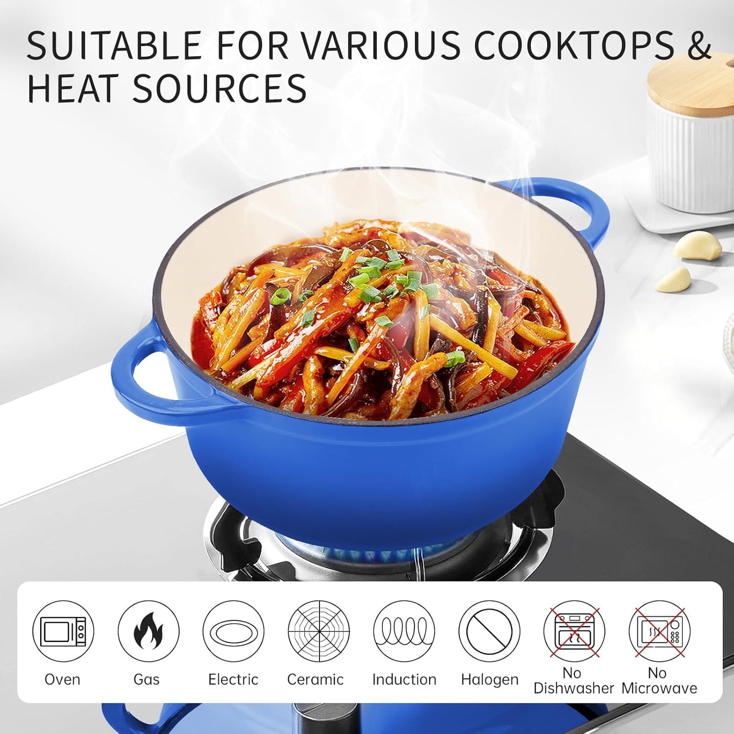 Enameled Cast Iron Dutch Oven for Sourdough Bread, 6QT Cast Iron Pot with Lid, Heavy Duty Dutch Oven Pot for Bread Baking, Braising, Stews, Roasting (Blue) (Dark Blue)