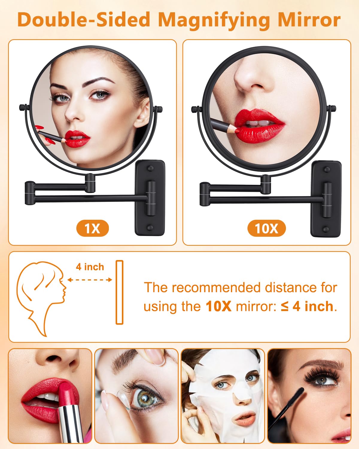 Wall Mounted Makeup Mirror - 1X/10X Magnifying Mirror for Wall, 8 Inch Double Sided 360° Swivel Extendable Bathroom Mirror for Shaving, Black DECLUTTR