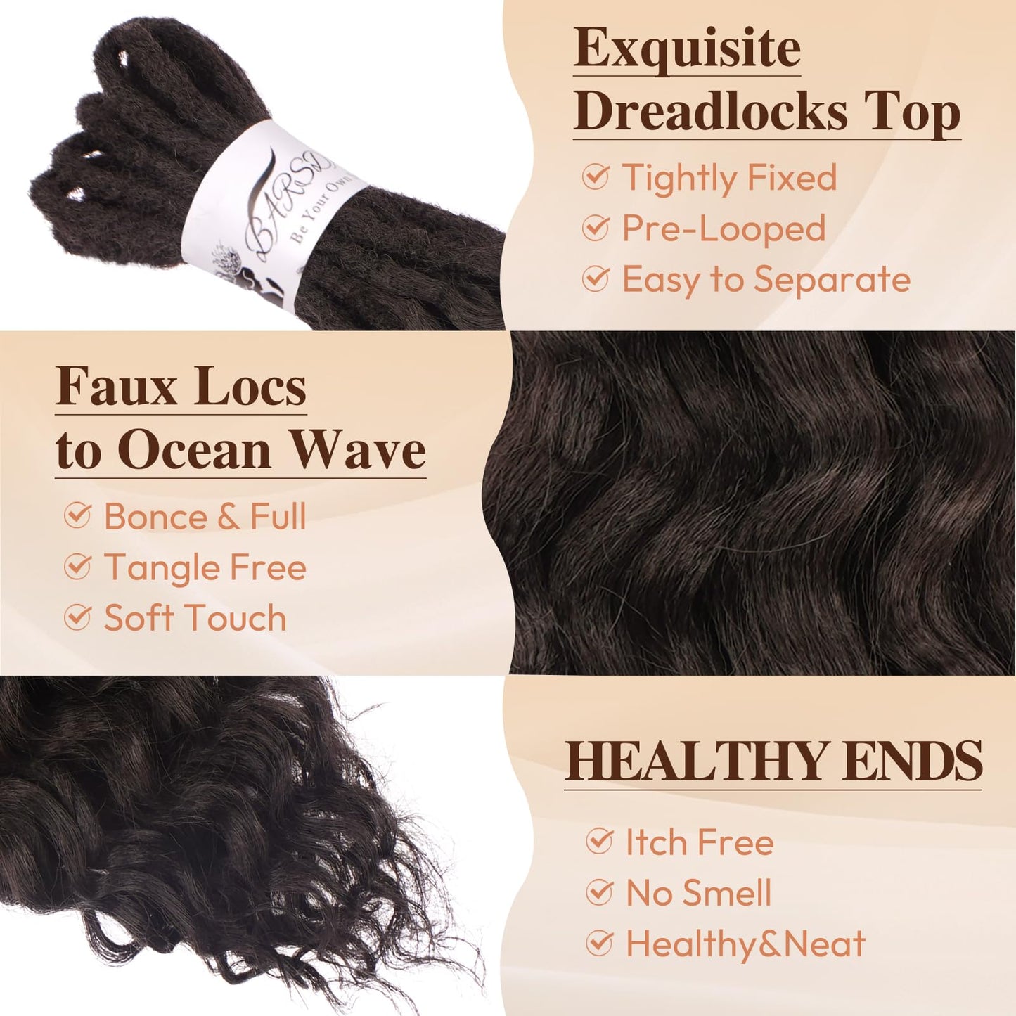 BARSDAR Deep Faux Locs Crochet Hair - Long Goddess Dreadlocks Wavy Crochet Hair for Black Women, 24 Inch 3 Packs Synthetic Soft Faux Locs with Curly Ends Crochets Dreads Pre Looped - Dark Brown