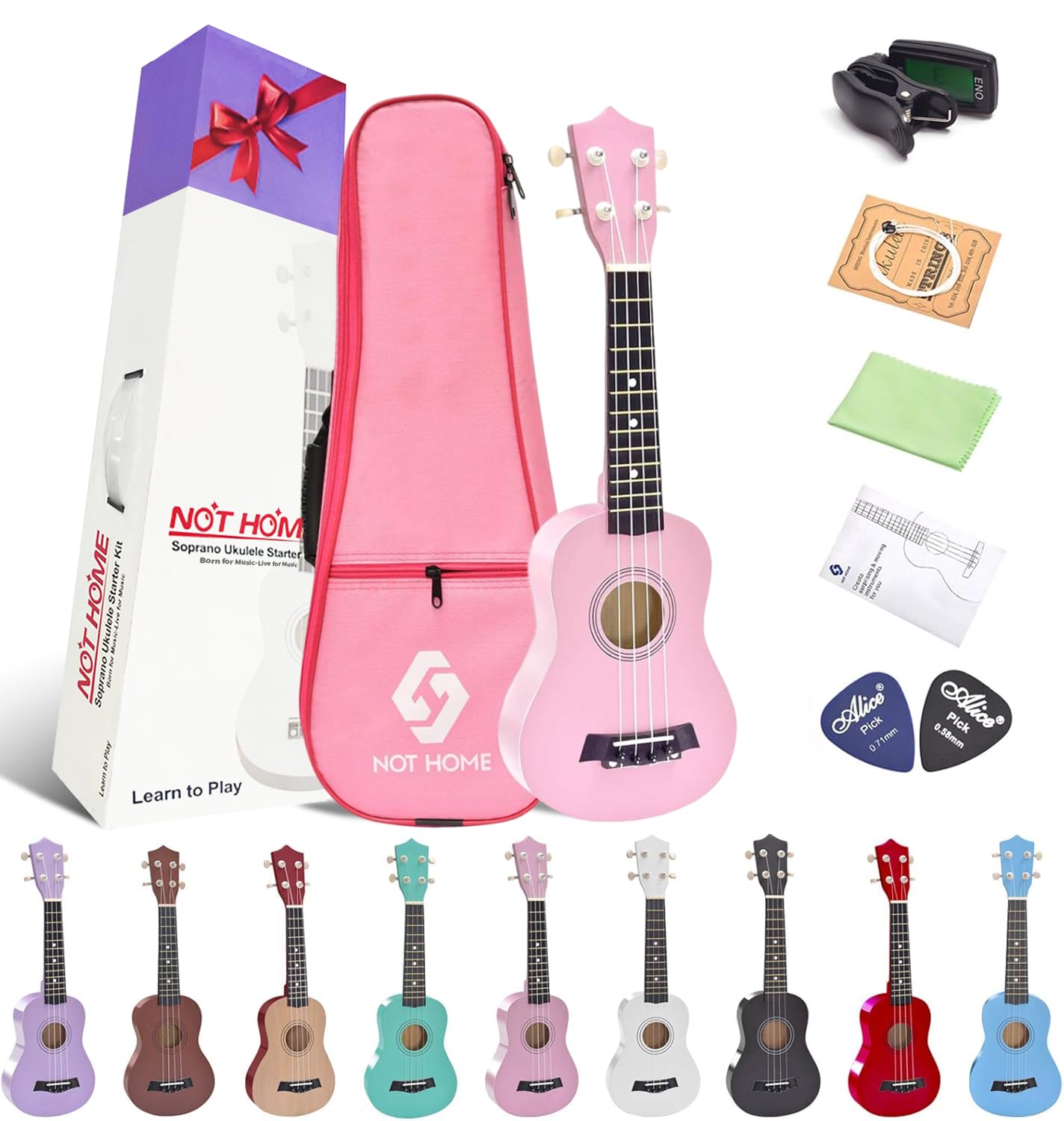 NOT HOME® 21" Soprano Ukulele with a Carrying Bag and a Digital Tuner, Specially Designed for Kids, Students and beginners (Pink)