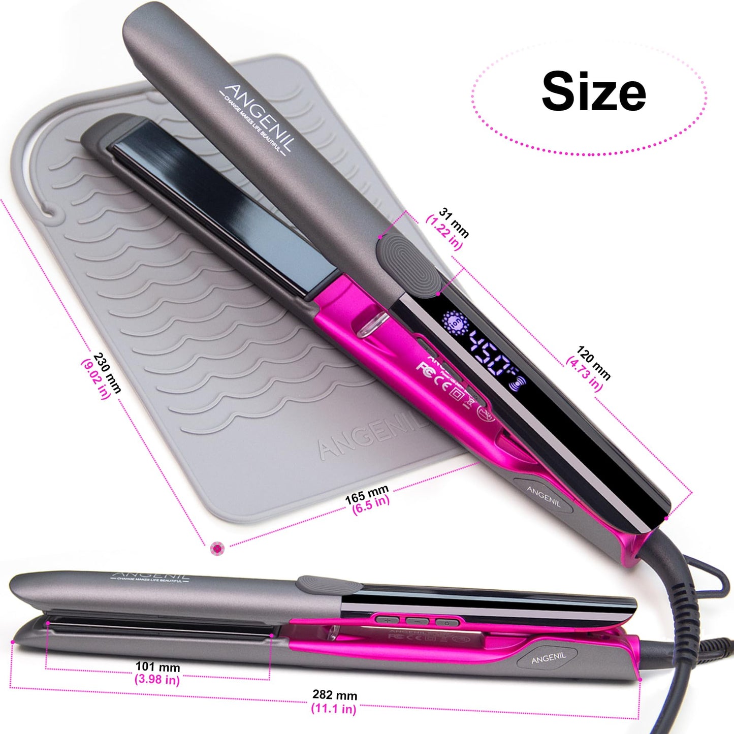 ANGENIL Pro Titanium Flat Iron Hair Straightener and Curler 2 in 1, Dual Voltage - Hair Straightening Ceramic Flat Iron 1-inch with Anti-Scald Heat Resistant Silicone Mat Facial Cleansing Brushes, Lcd